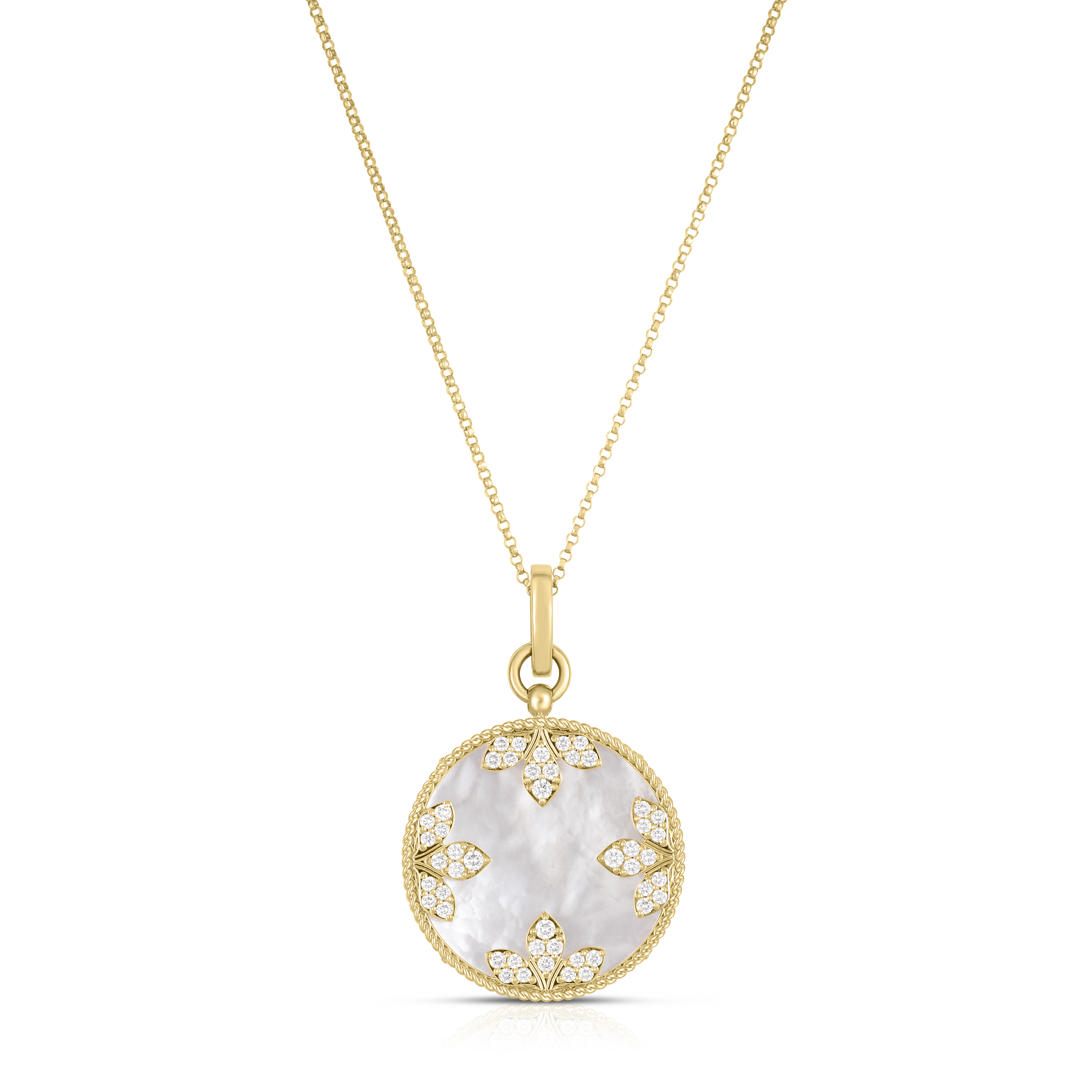 18k Yellow Gold Venetian Medallions Large Diamond And Mother Of Pearl Necklace
