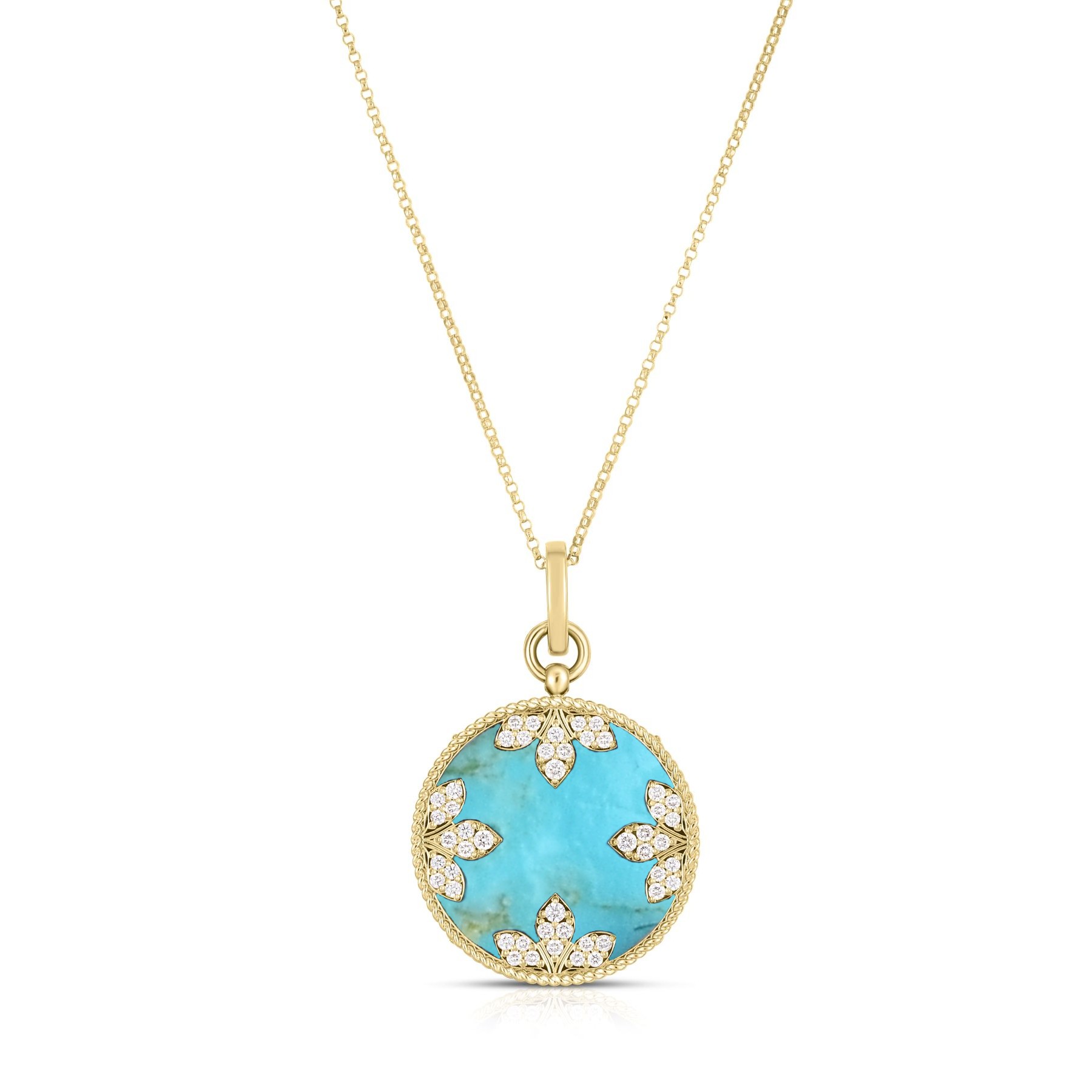 18k Yellow Gold Venetian Medallions Large Diamond And Turquoise Necklace