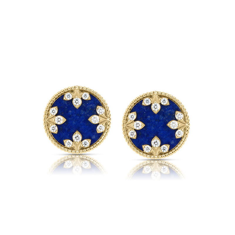 18k Yellow Gold Venetian Medallions Small Diamond And Lapis Stud Earrings