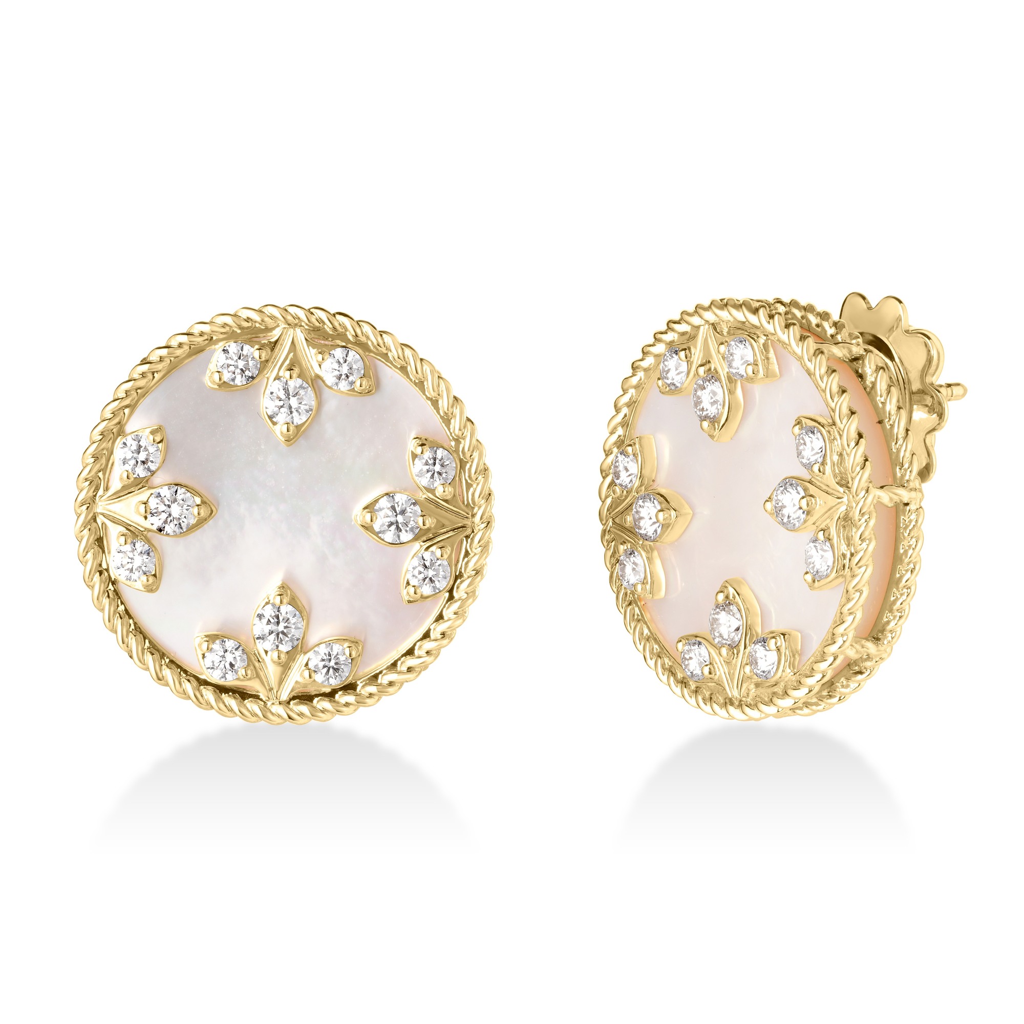 18k Yellow Gold Venetian Medallions Medium Diamond And Mother Of Pearl Stud Earrings