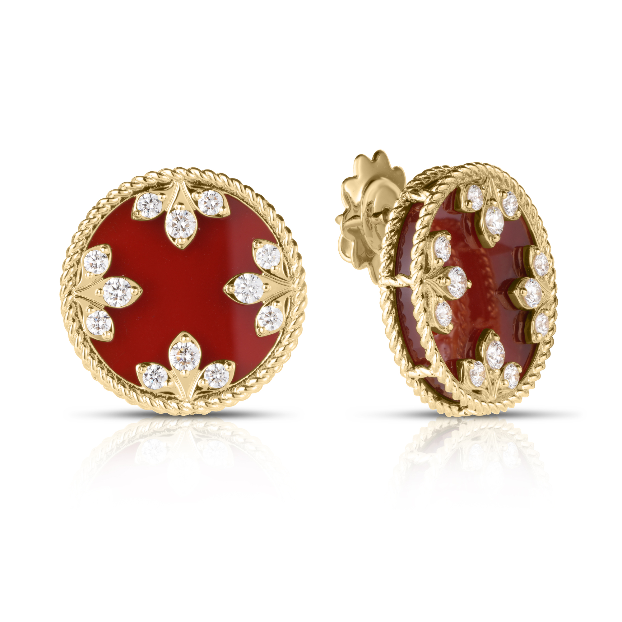 18k Yellow Gold Venetian Medallions Medium Diamond And Red Agate Stud Earrings