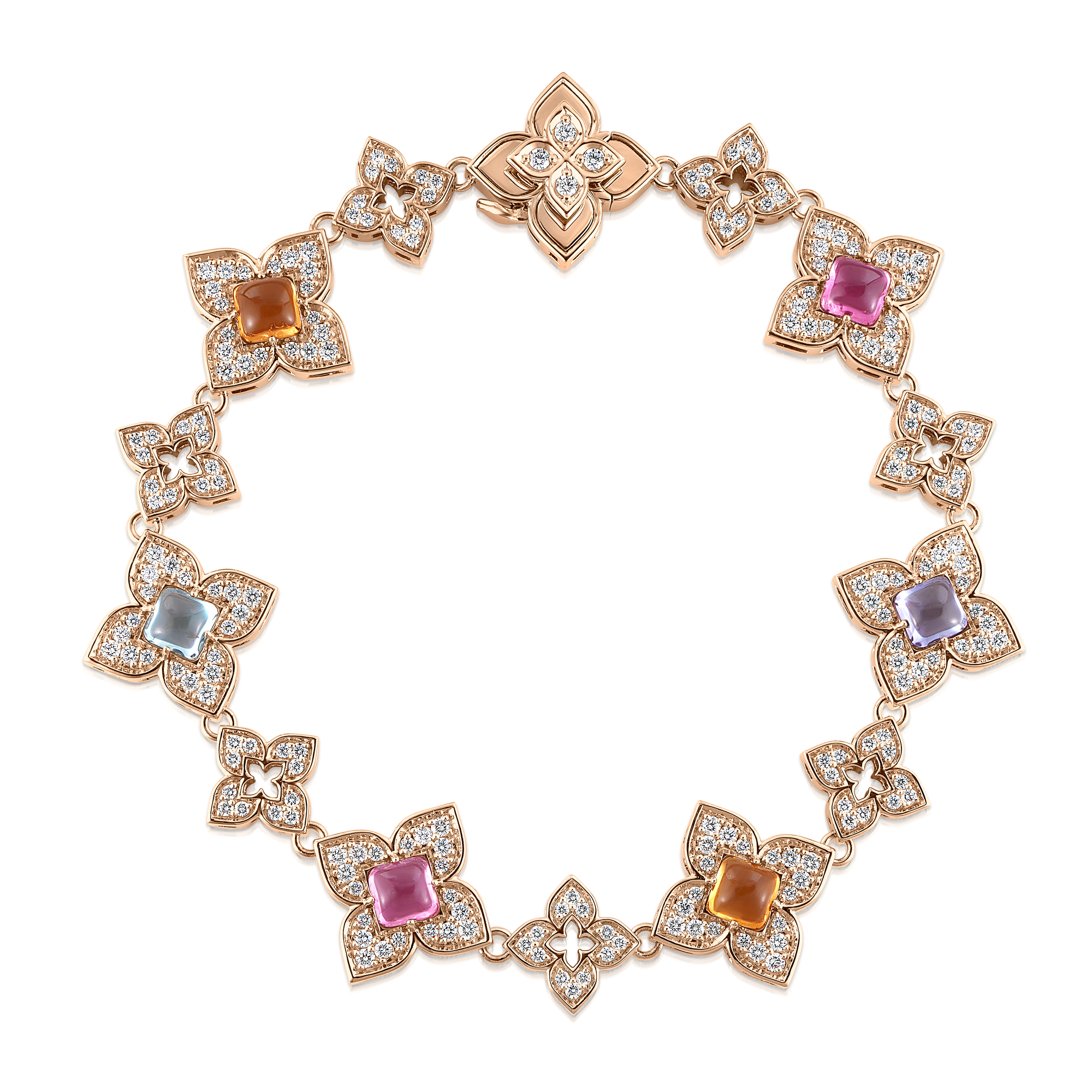 18k Rose Gold Venetian Princess Carnival Pave Diamond & Mixed Stones (blue Topaz, Citrine, Rubellite, & Tanzanite) Alternating Flower Bracelet