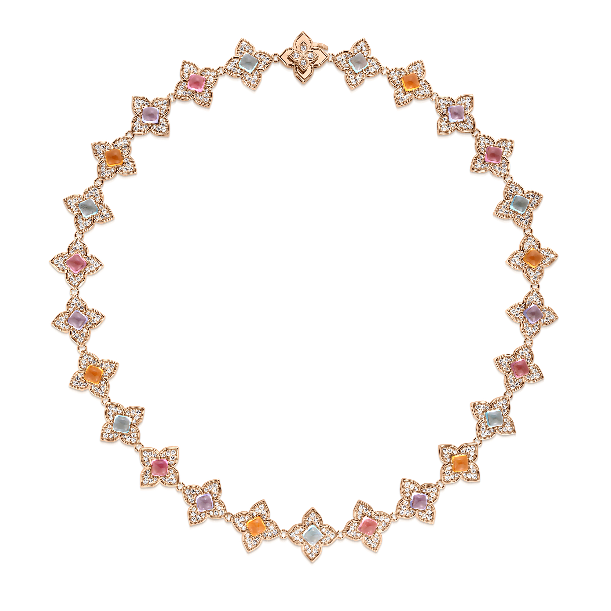18k Rose Gold Venetian Princess Carnival Pave Diamond & Mixed Stones (blue Topaz, Citrine, Rubellite, & Tanzanite) Flower Necklace