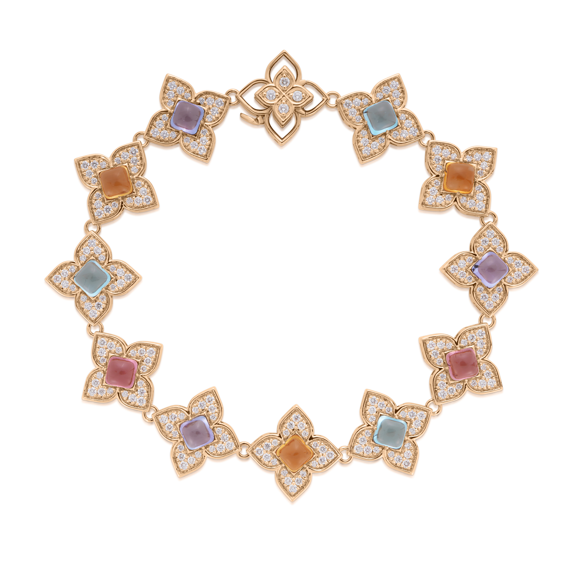 18k Rose Gold Venetian Princess Carnival Pave Diamond & Mixed Stones (blue Topaz, Citrine, Rubellite, & Tanzanite) Flower Bracelet
