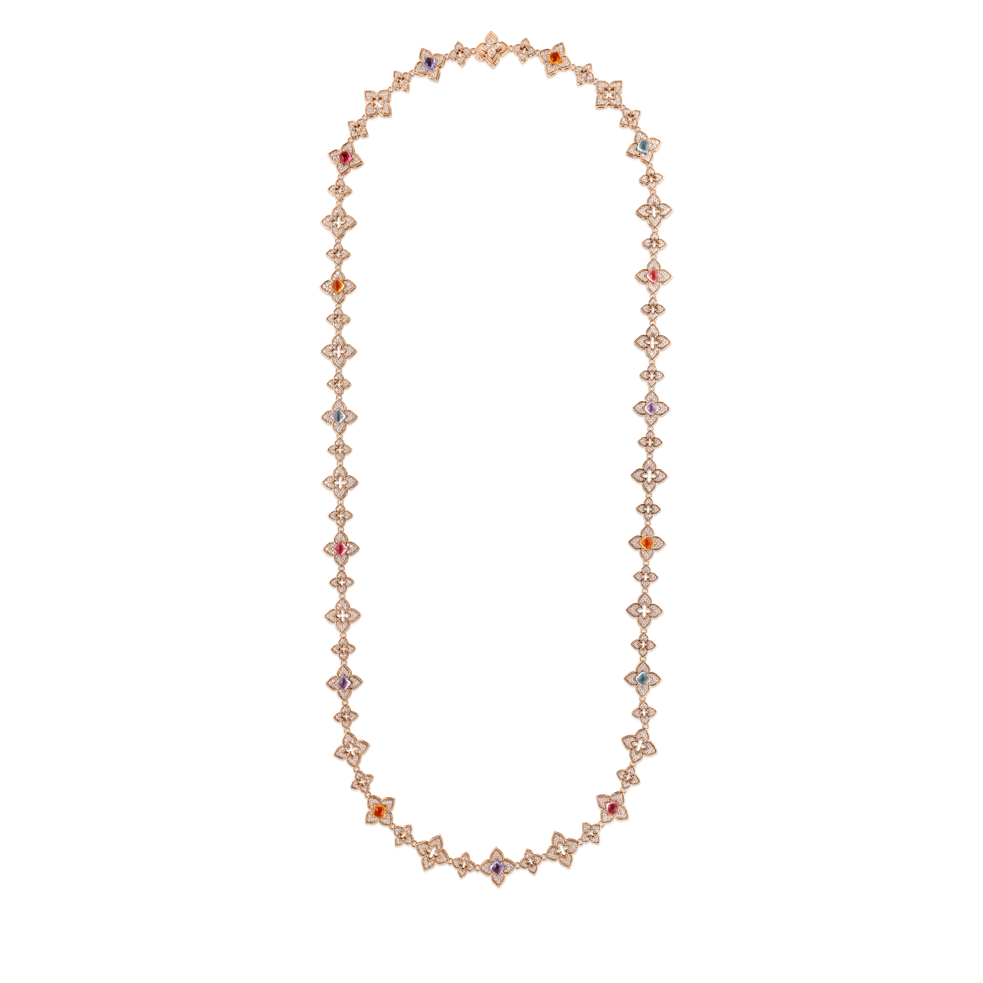 18k Rose Gold Venetian Princess Carnival Pave Diamond & Mixed Stones (blue Topaz, Citrine, Rubellite, & Tanzanite) Alternating Flower Long Necklace