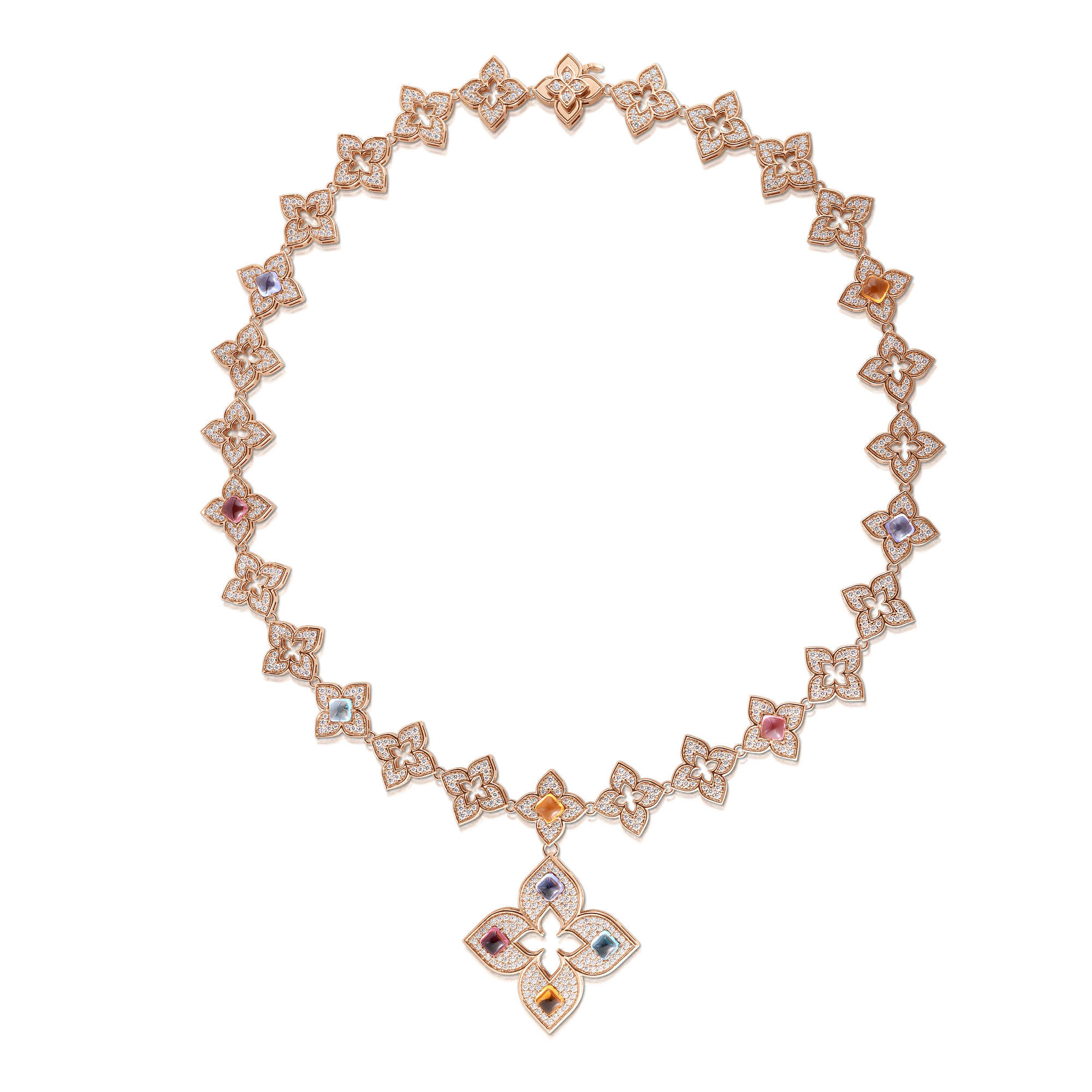 18k Rose Gold Venetian Princess Carnival Diamond And Mixed Stones (blue Topaz, Citirine,  Rubellite, & Tanzanite) Flower Chain And Pendant Necklace