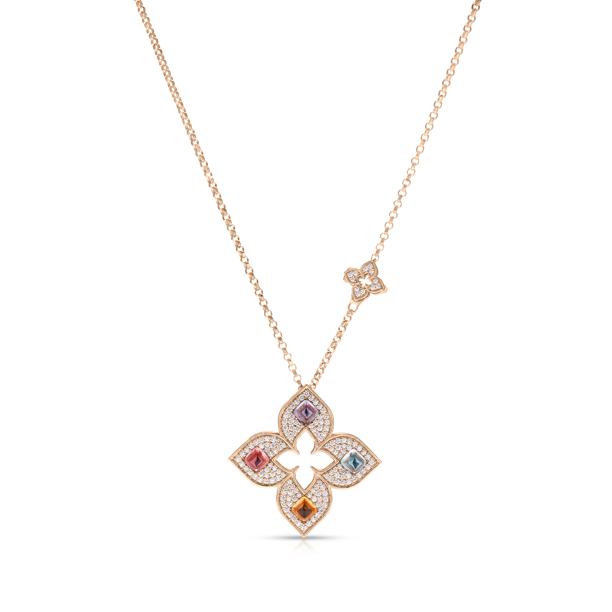 18k Rose Gold Venetian Princess Carnival Pave Diamond & Mixed Stones (blue Topaz, Citrine, Rubellite, & Tanzanite) Large Open Flower Long Necklace