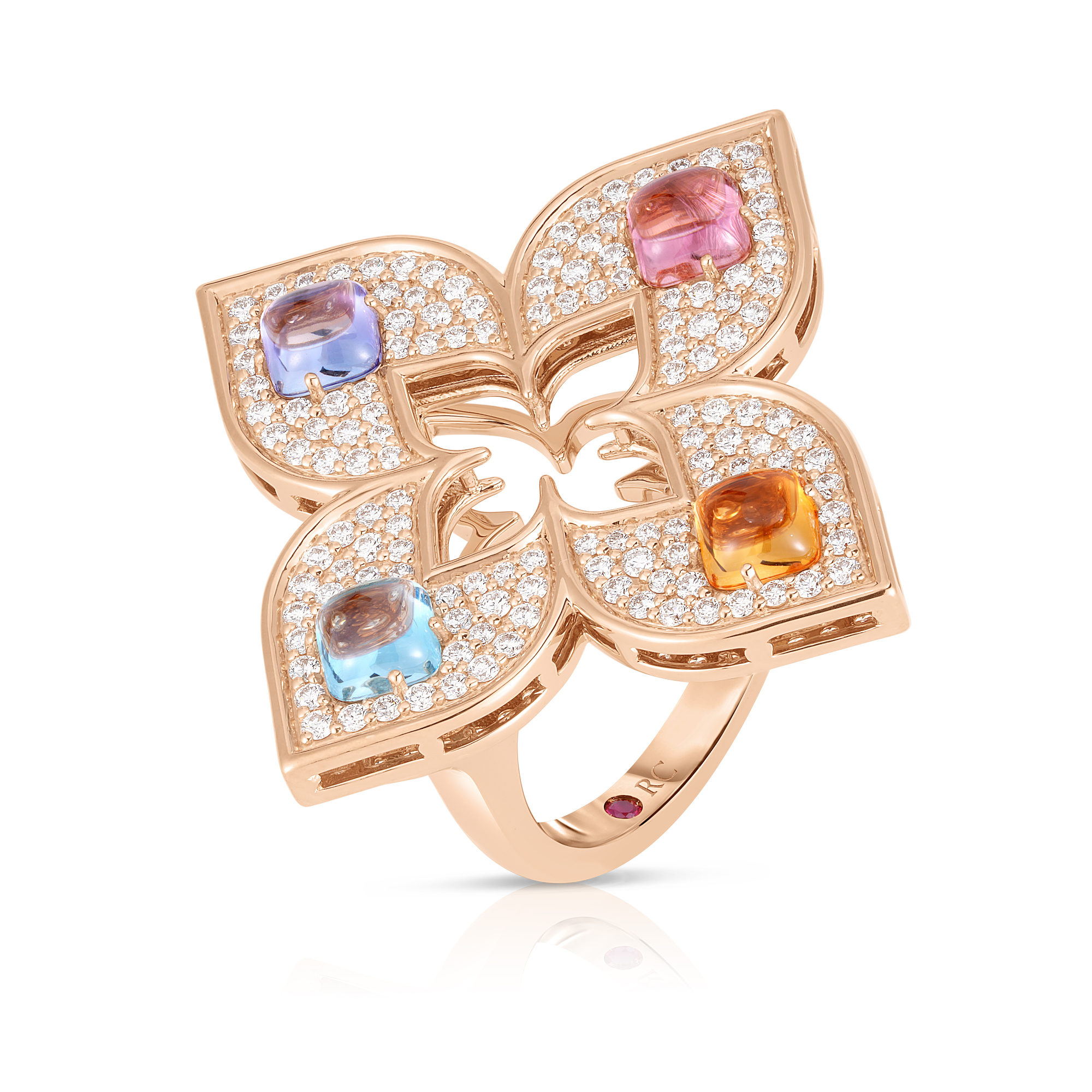 18k Rose Gold Venetian Princess Carnival Pave Diamond & Mixed Stones (blue Topaz, Citrine, Rubellite, & Tanzanite) Large Open Flower Ring