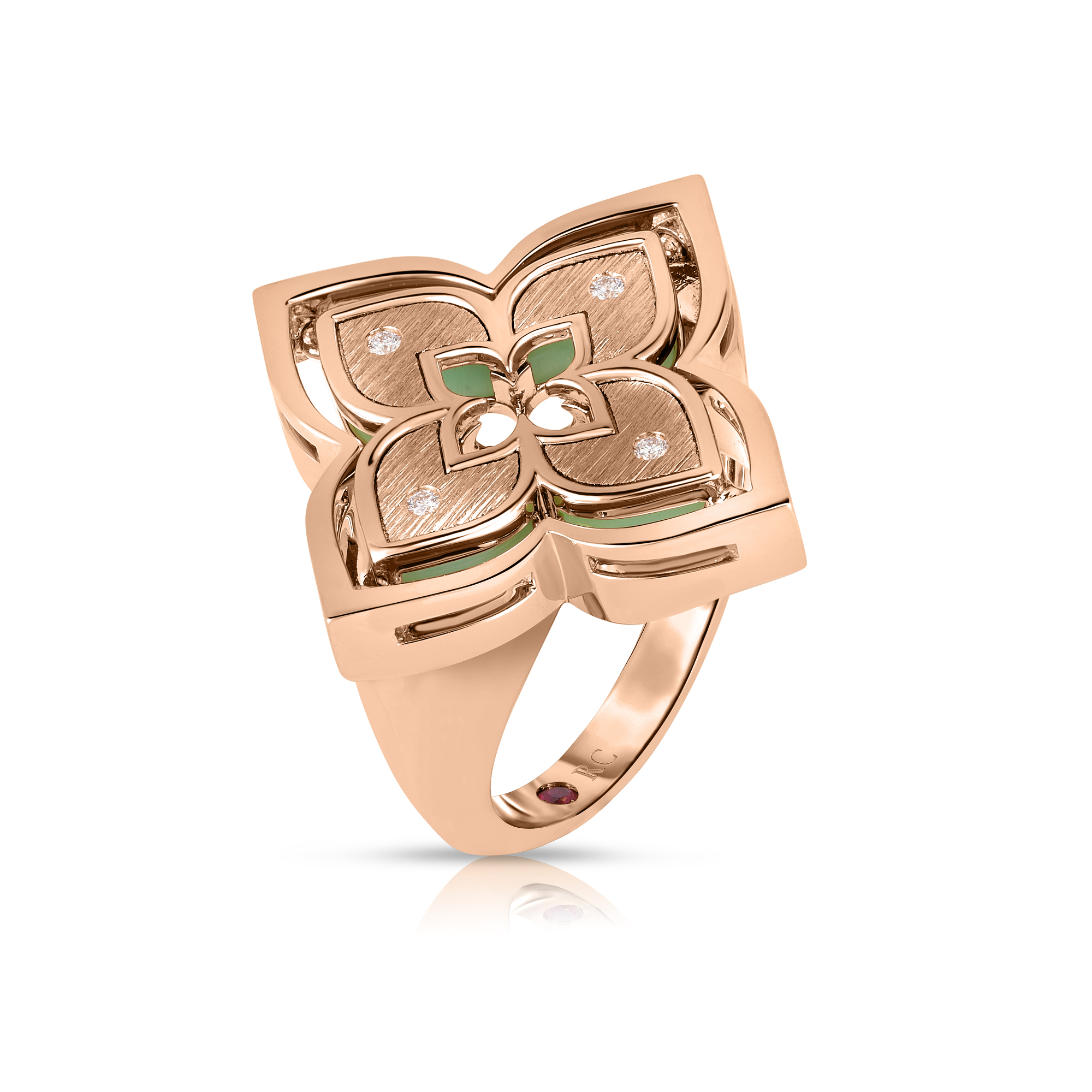 18k Rose Gold Venetian Princess Pirouette Diamond & Chrysoprase Flower Ring