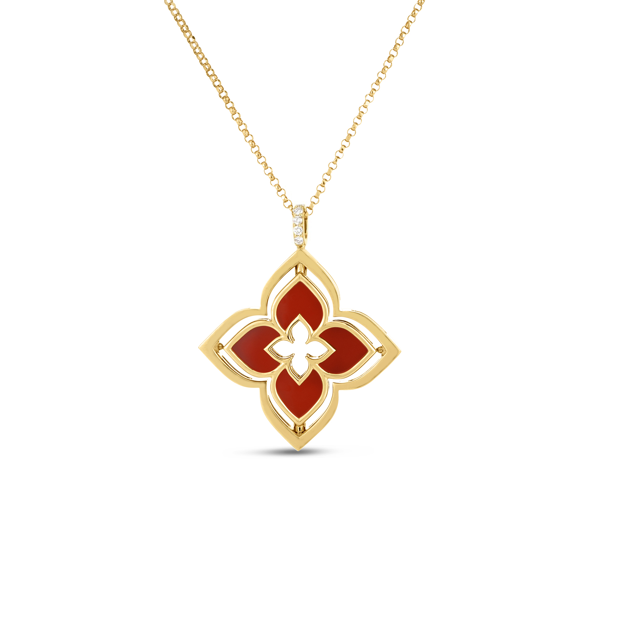 18k Yellow Gold Venetian Princess Pirouette Diamond & Red Agate Flower Necklace