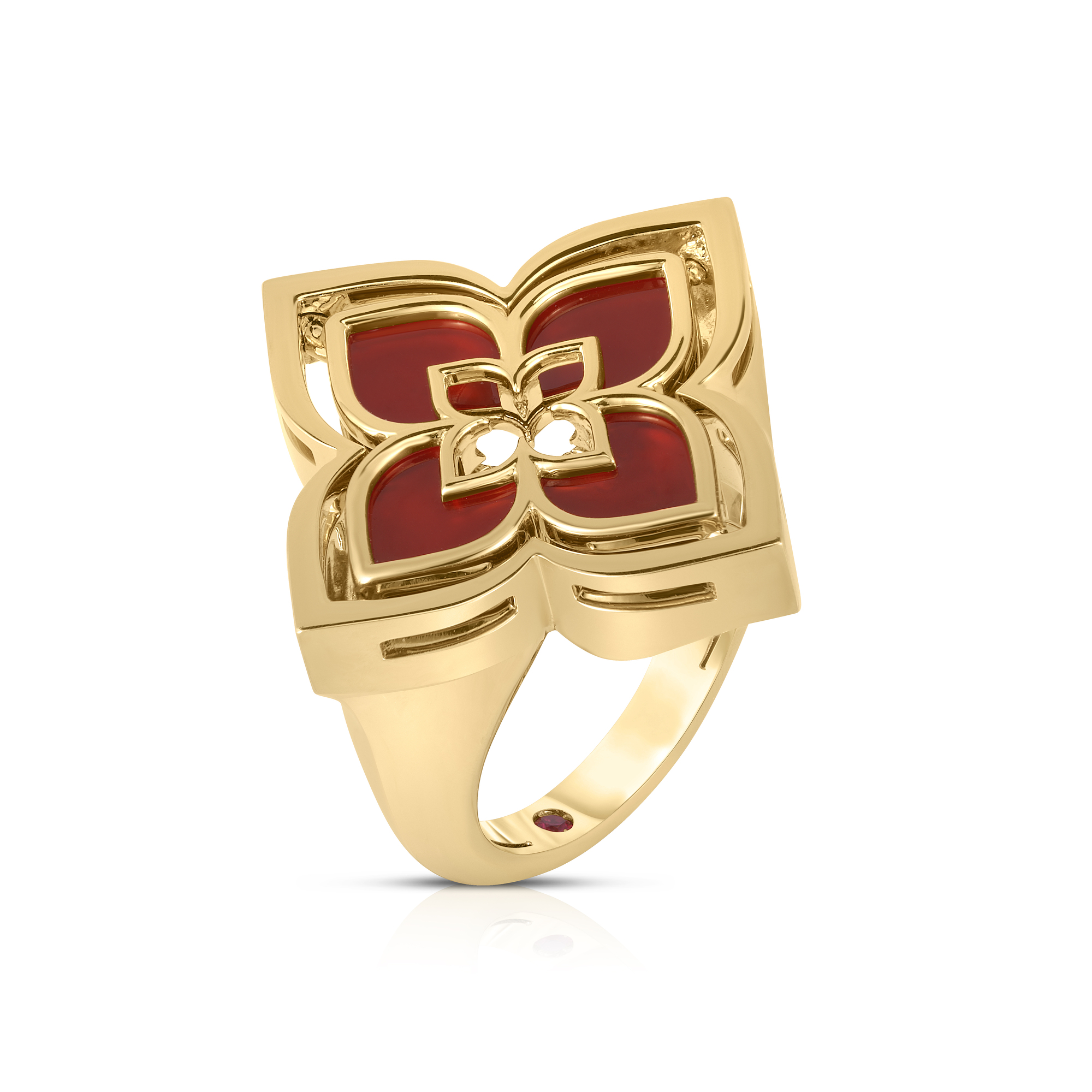 18k Yellow Gold Venetian Princess Pirouette Diamond & Red Agate Flower Ring