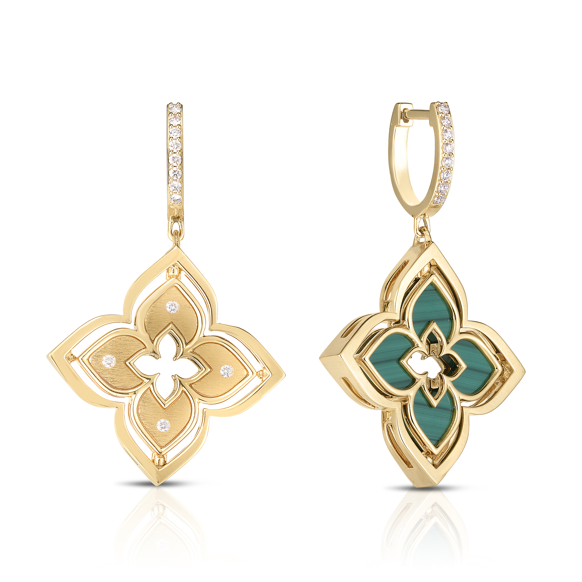 18k Yellow Gold Venetian Princess Pirouette Diamond & Malachite Flower Earrings