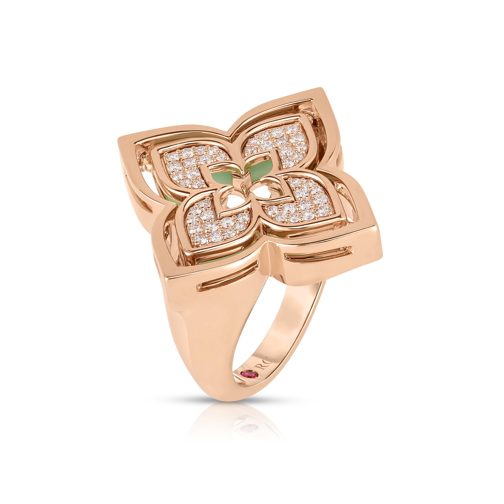 18k Rose Gold Venetian Princess Pirouette Pave Diamond & Chrysoprase Flower Ring