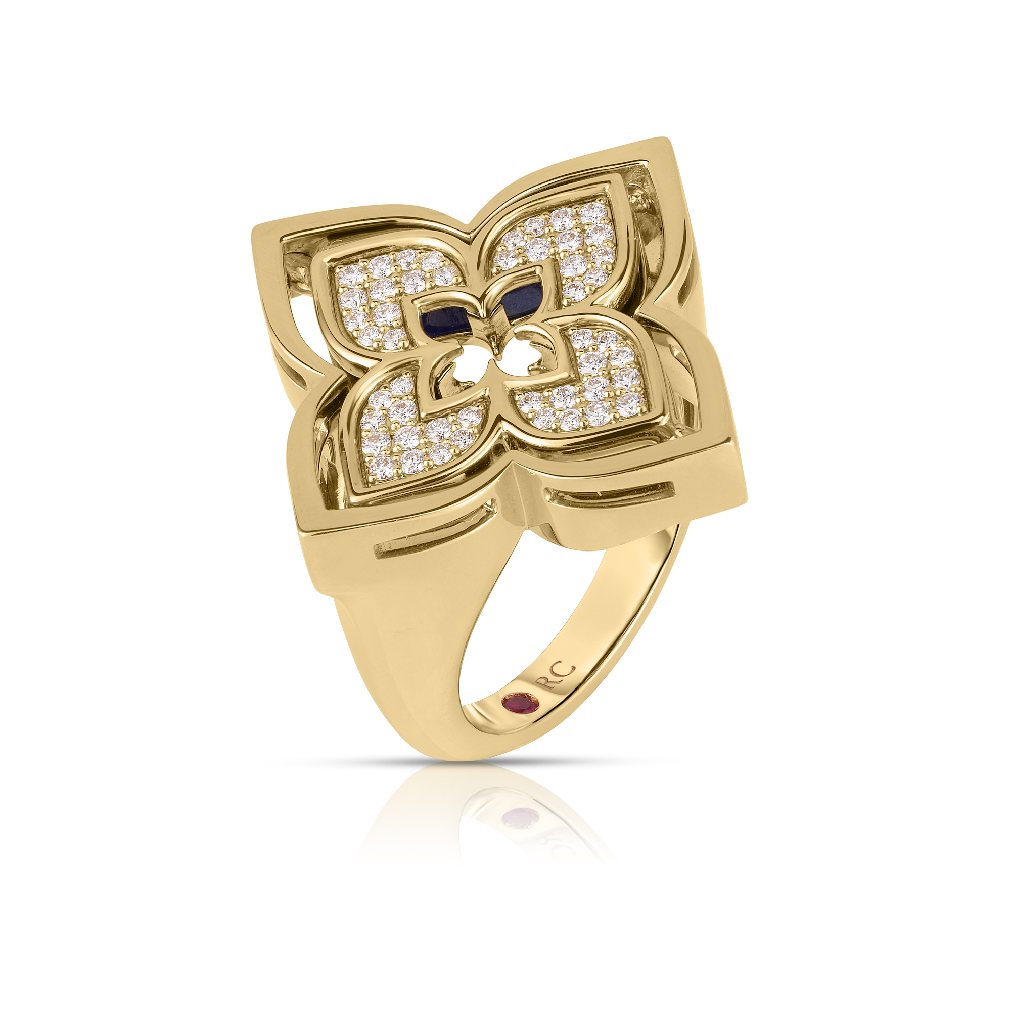 18k Yellow Gold Venetian Princess Pirouette Pave Diamond & Lapis Flower Ring