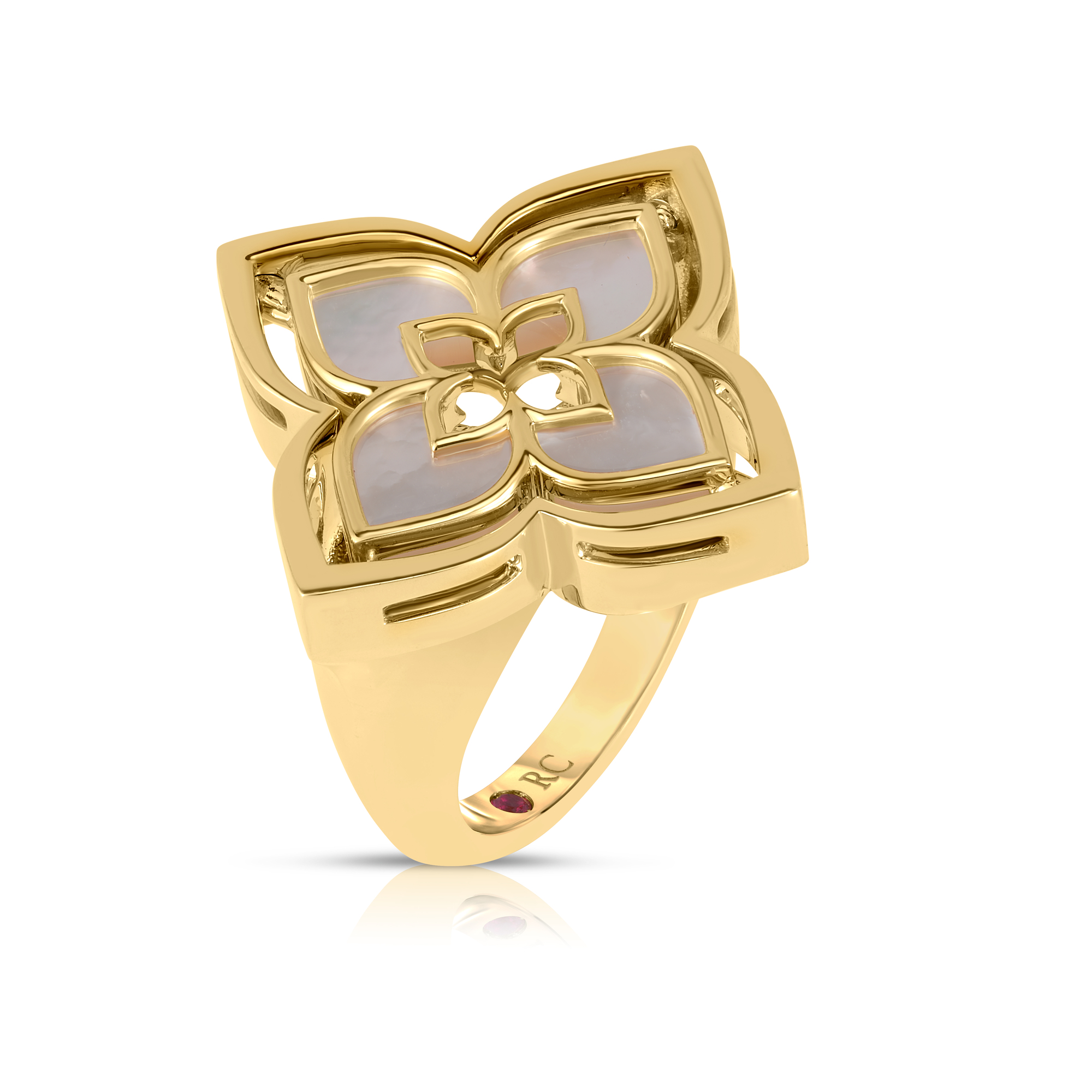 18k Yellow Gold Venetian Princess Pirouette Pave Diamond & Mother Of Pearl Flower Ring