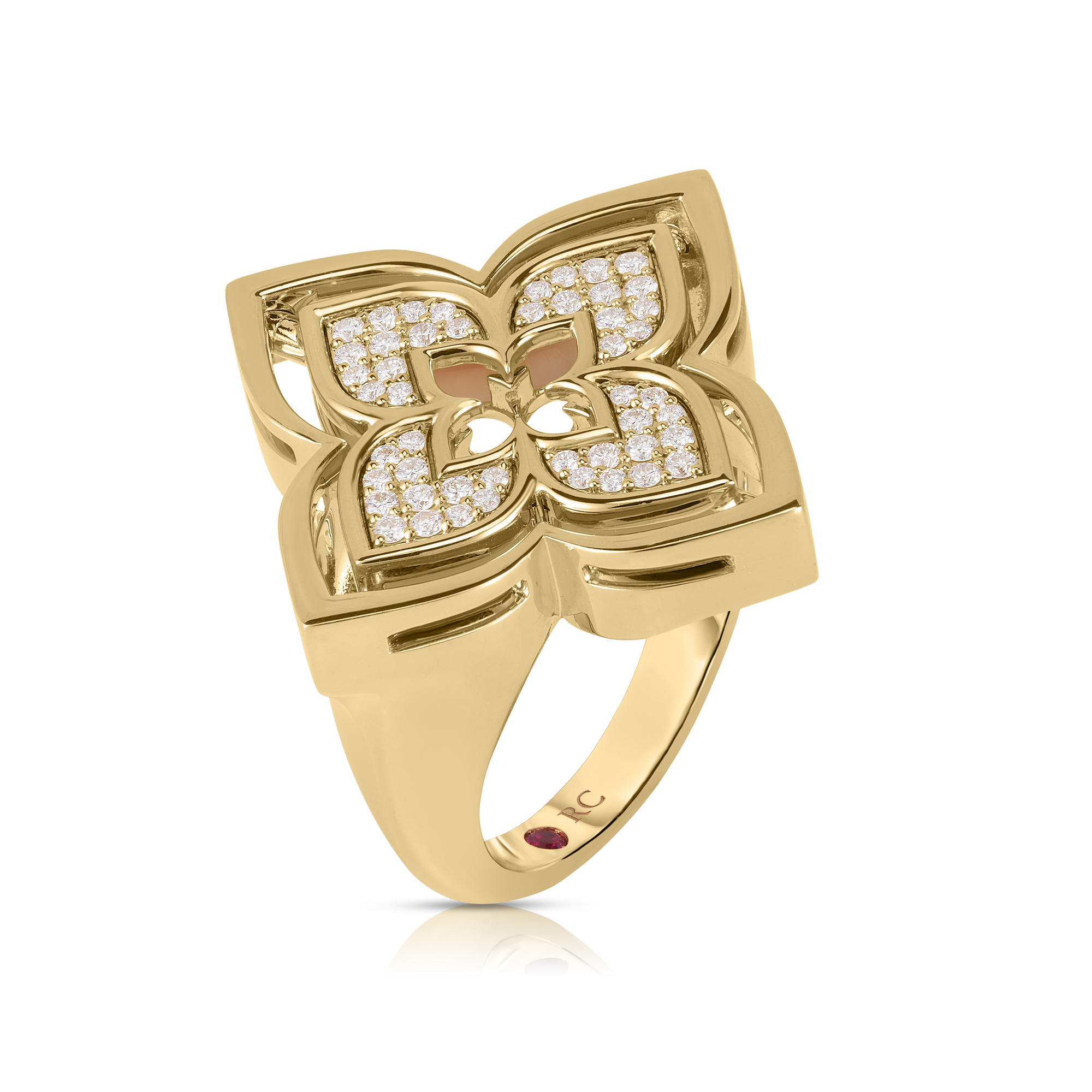 18k Yellow Gold Venetian Princess Pirouette Pave Diamond & Mother Of Pearl Flower Ring