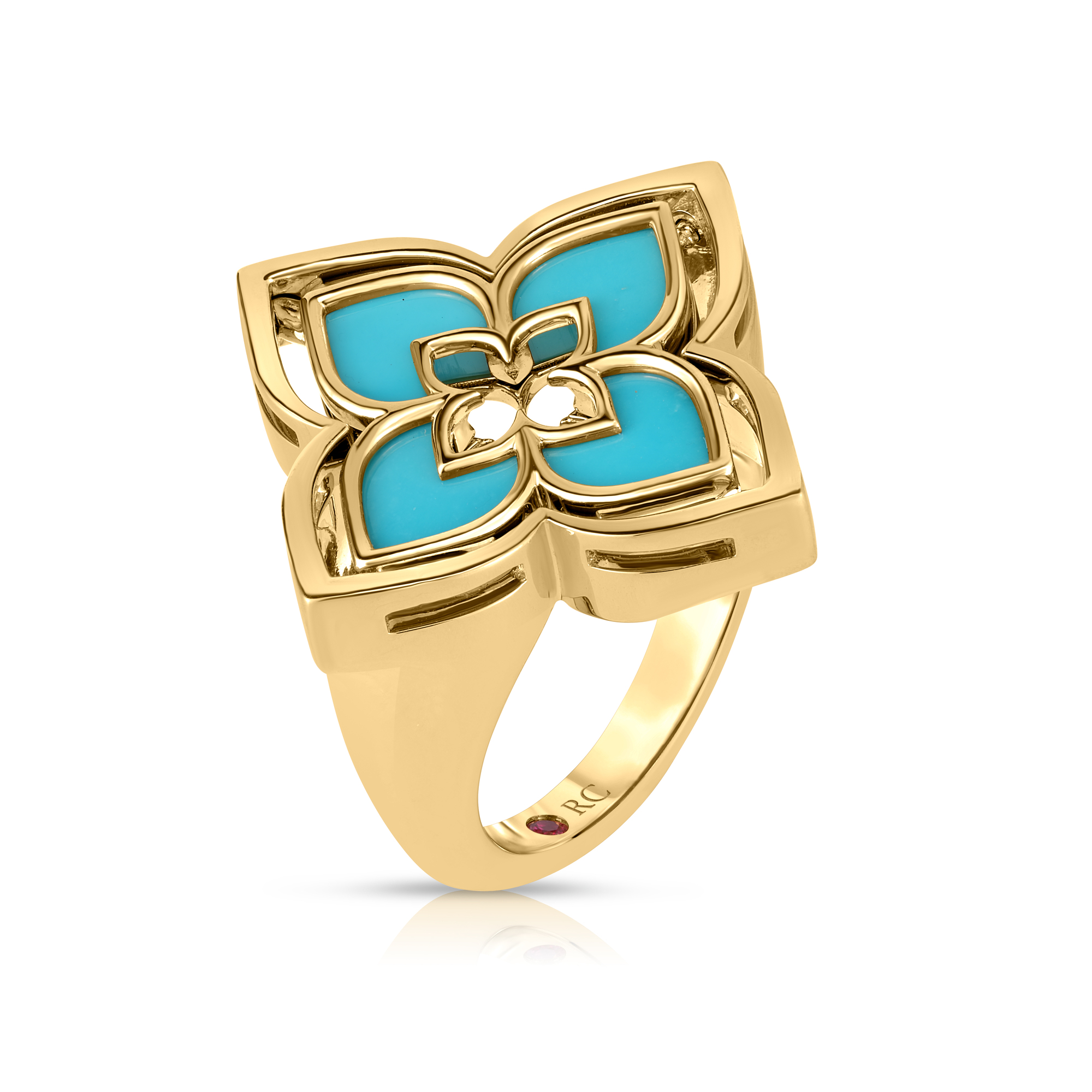 18k Yellow Gold Venetian Princess Pirouette Pave Diamond & Turquoise Flower Ring