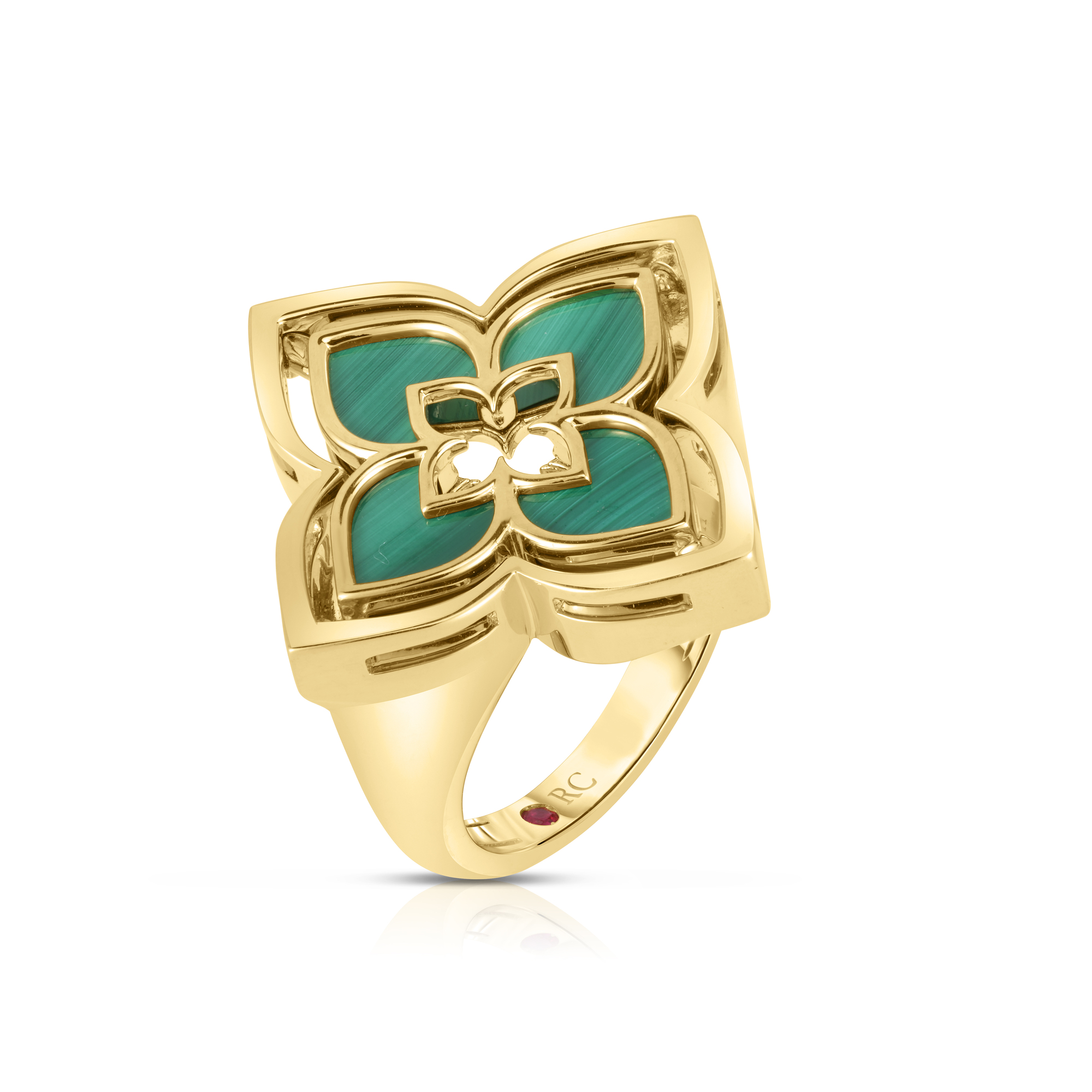 18k Yellow Gold Venetian Princess Pirouette Pave Diamond & Malachite Flower Ring