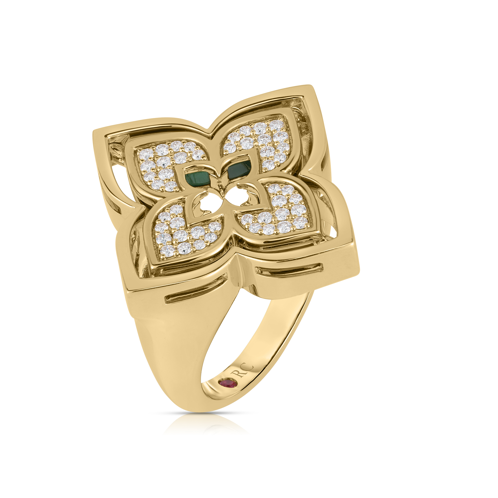18k Yellow Gold Venetian Princess Pirouette Pave Diamond & Malachite Flower Ring