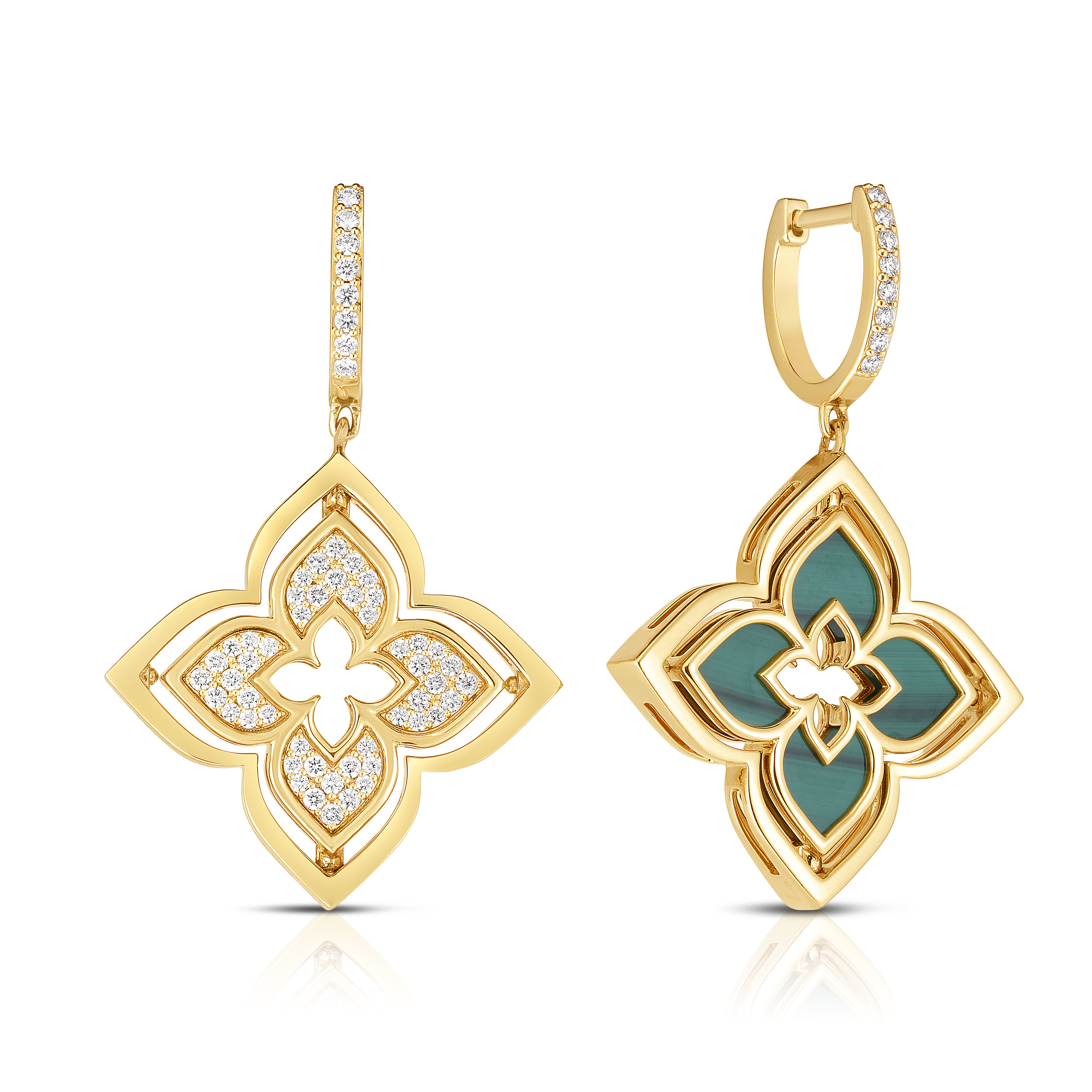 18k Yellow Gold Venetian Princess Pirouette Pave Diamond & Malachite Flower Drop Earrings