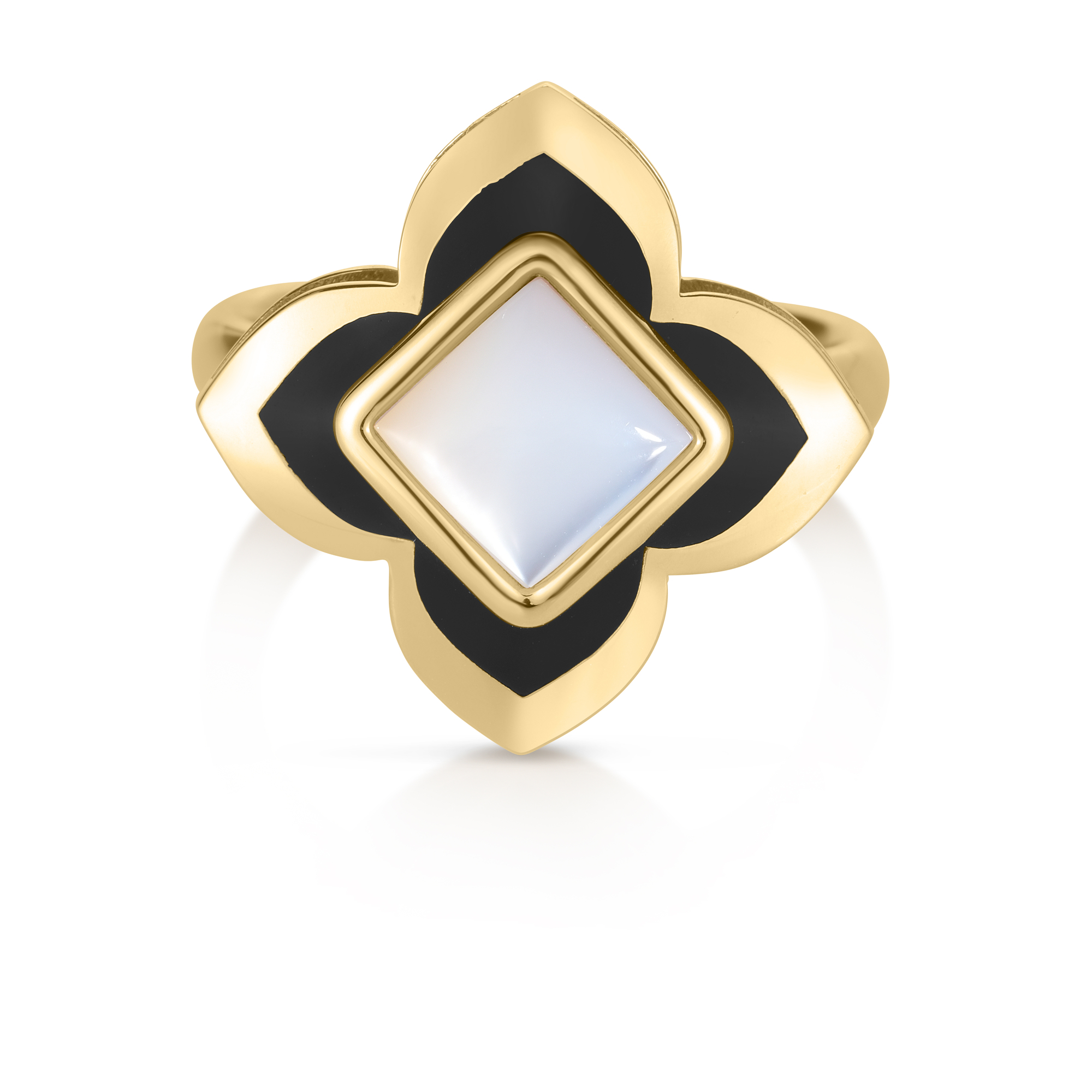 18k Yellow Gold Palazzo Ducale Carnival Black Enamel & Mother Of Pearl Flower Ring