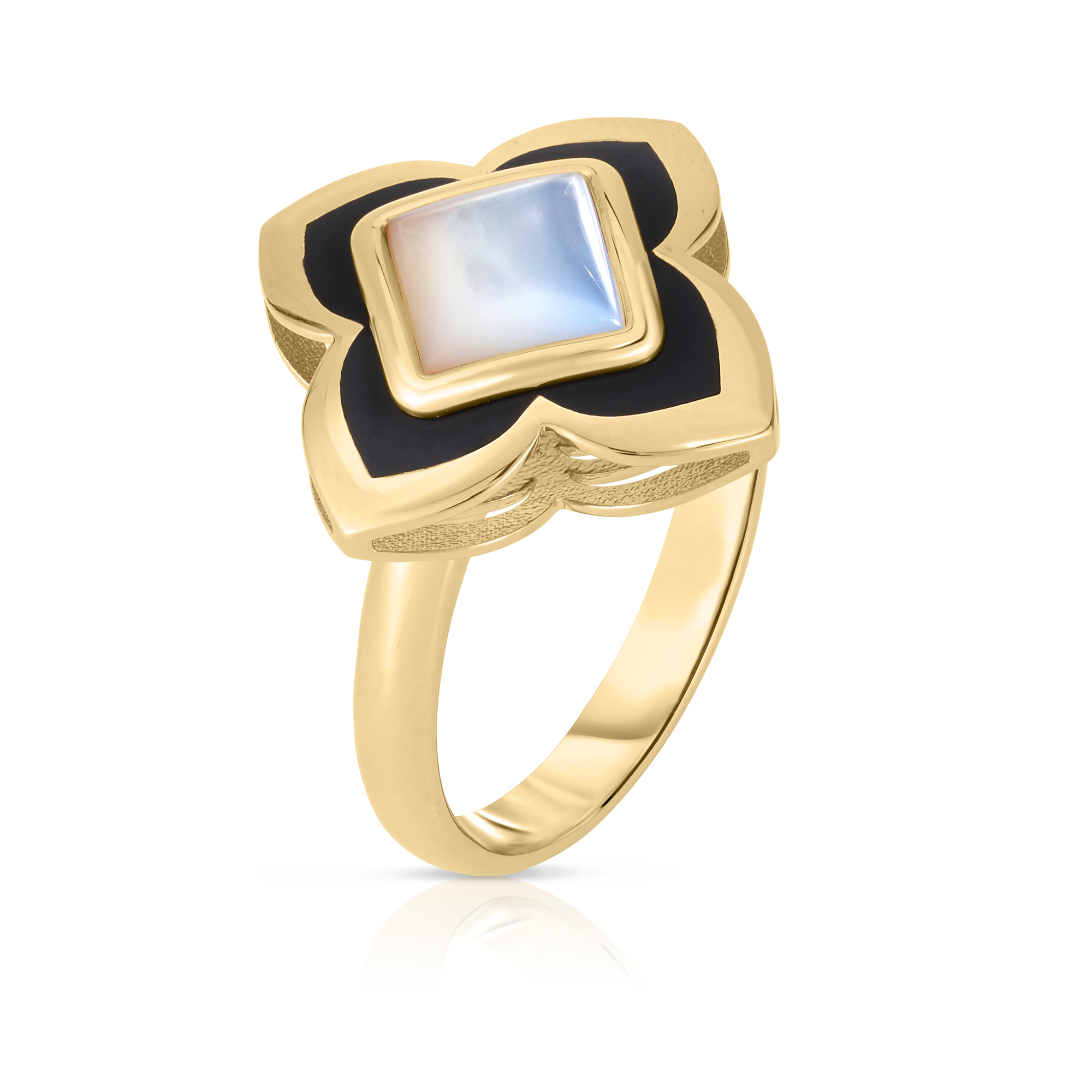 18k Yellow Gold Palazzo Ducale Carnival Black Enamel & Mother Of Pearl Flower Ring