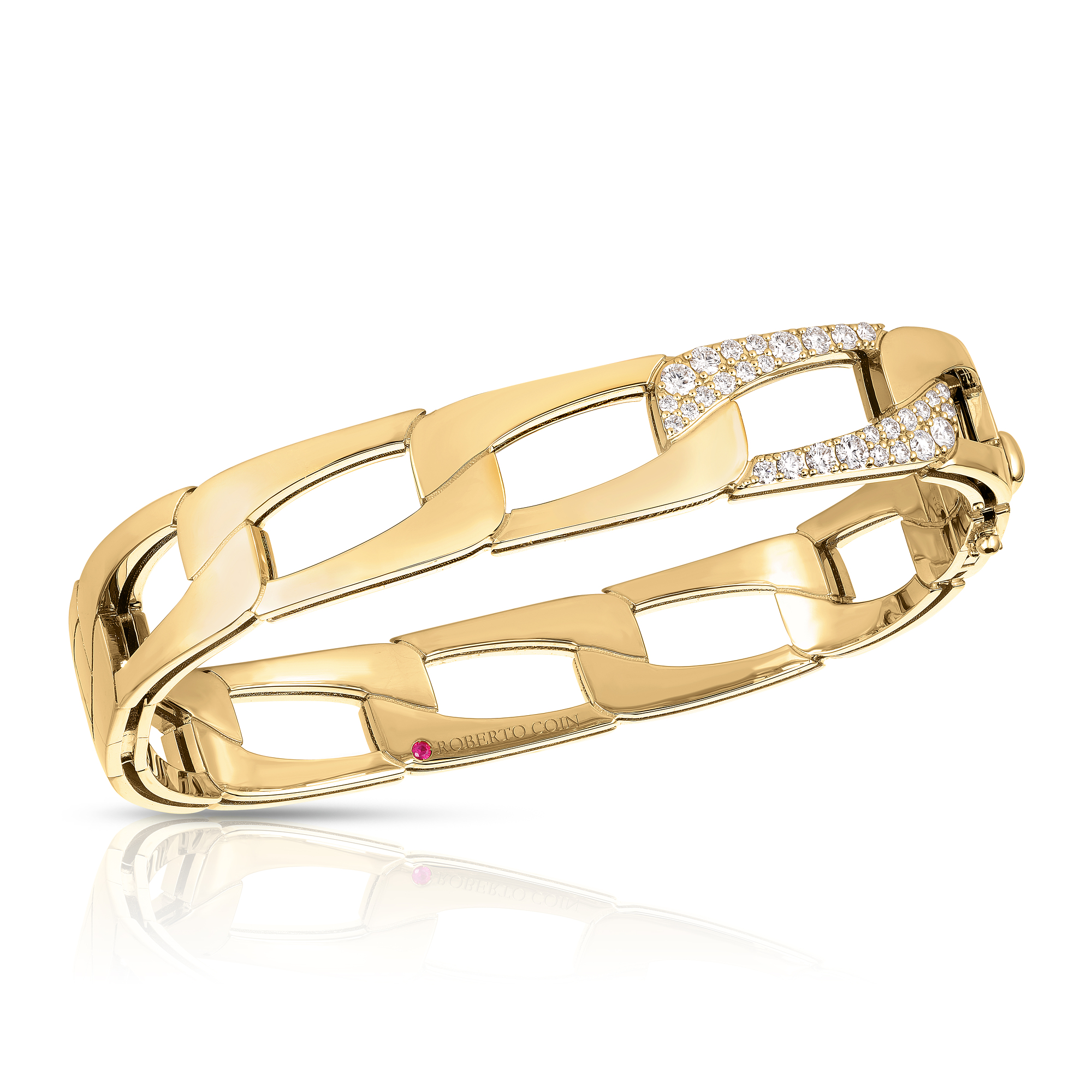 18k Yellow Gold Navarra Wide Link & Diamond Accent Square Bangle