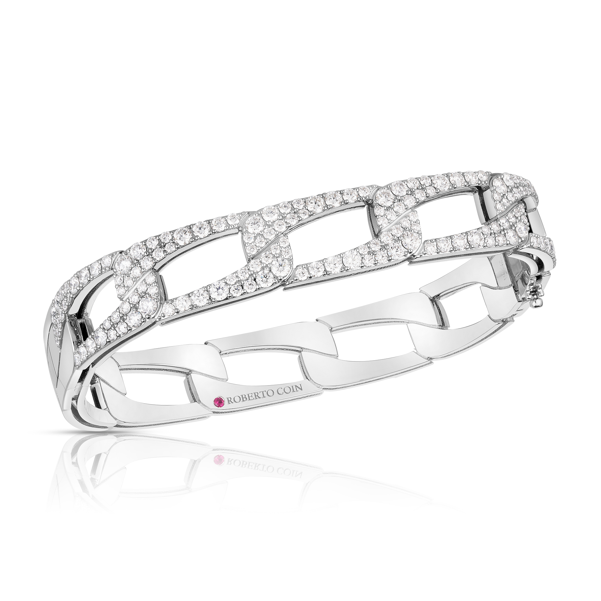 18k White Gold Navarra Wide Link & Pave Diamond Square Bangle
