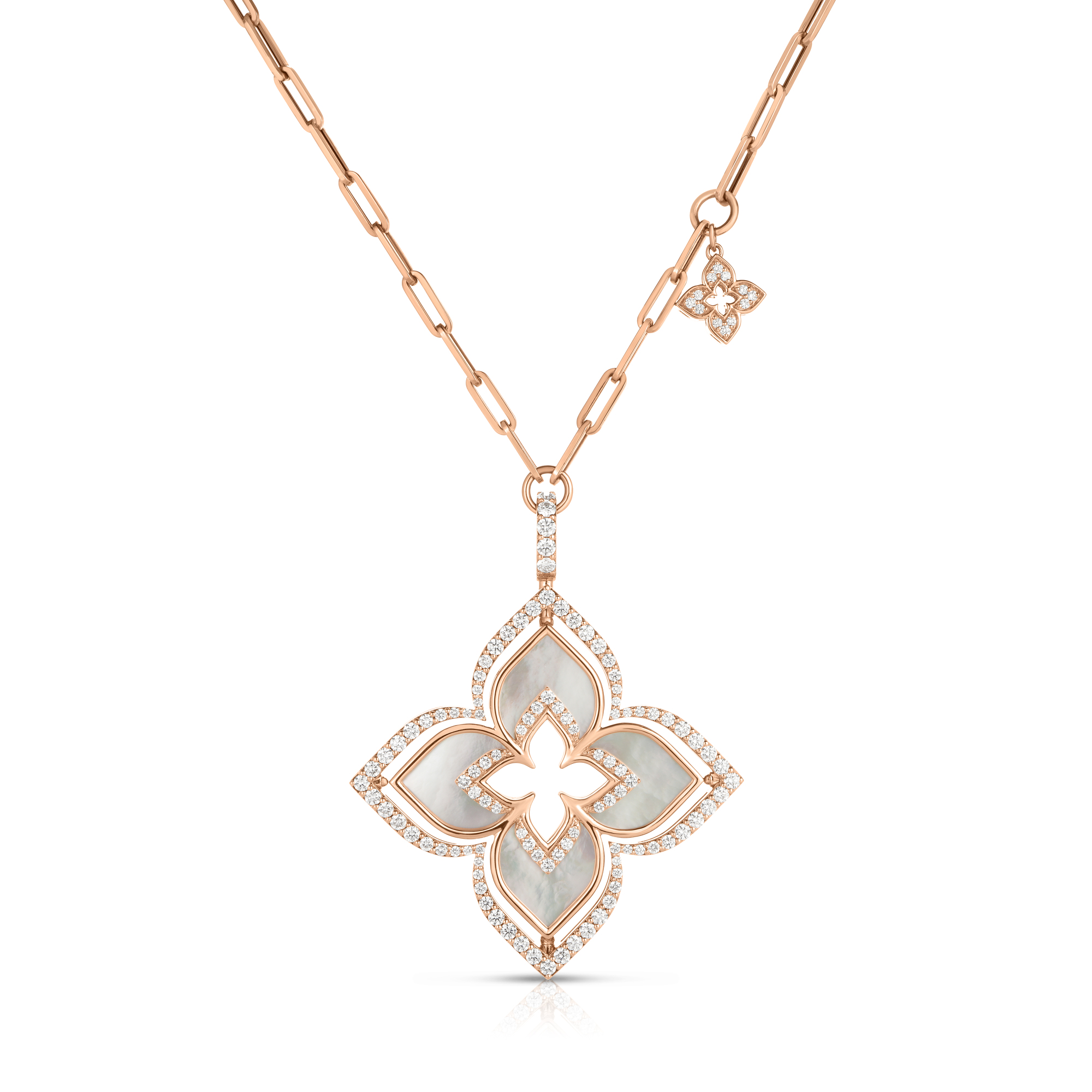 18k Rose Gold Venetian Princess Pirouette Diamond & Mother Of Pearl Large Flower Necklace