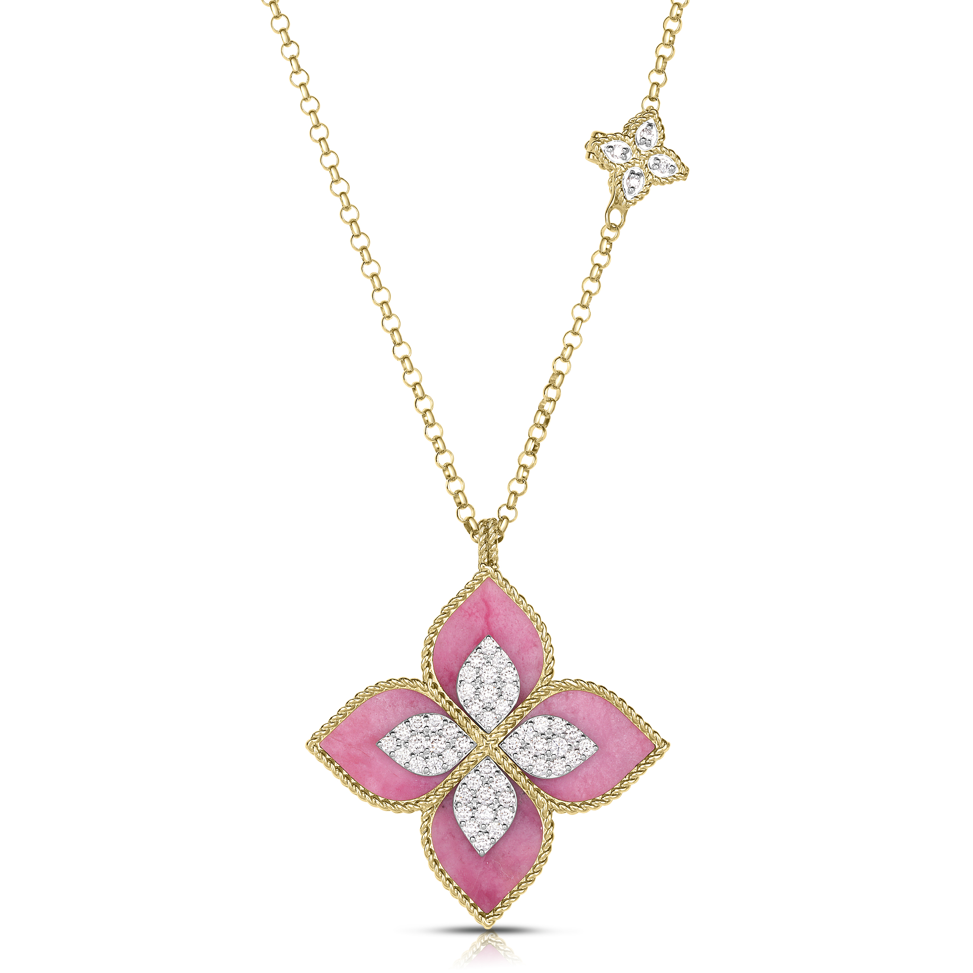 18k Yellow/white Gold Venetian Princess Diamond & Rhodonite Large Flower Long Necklace