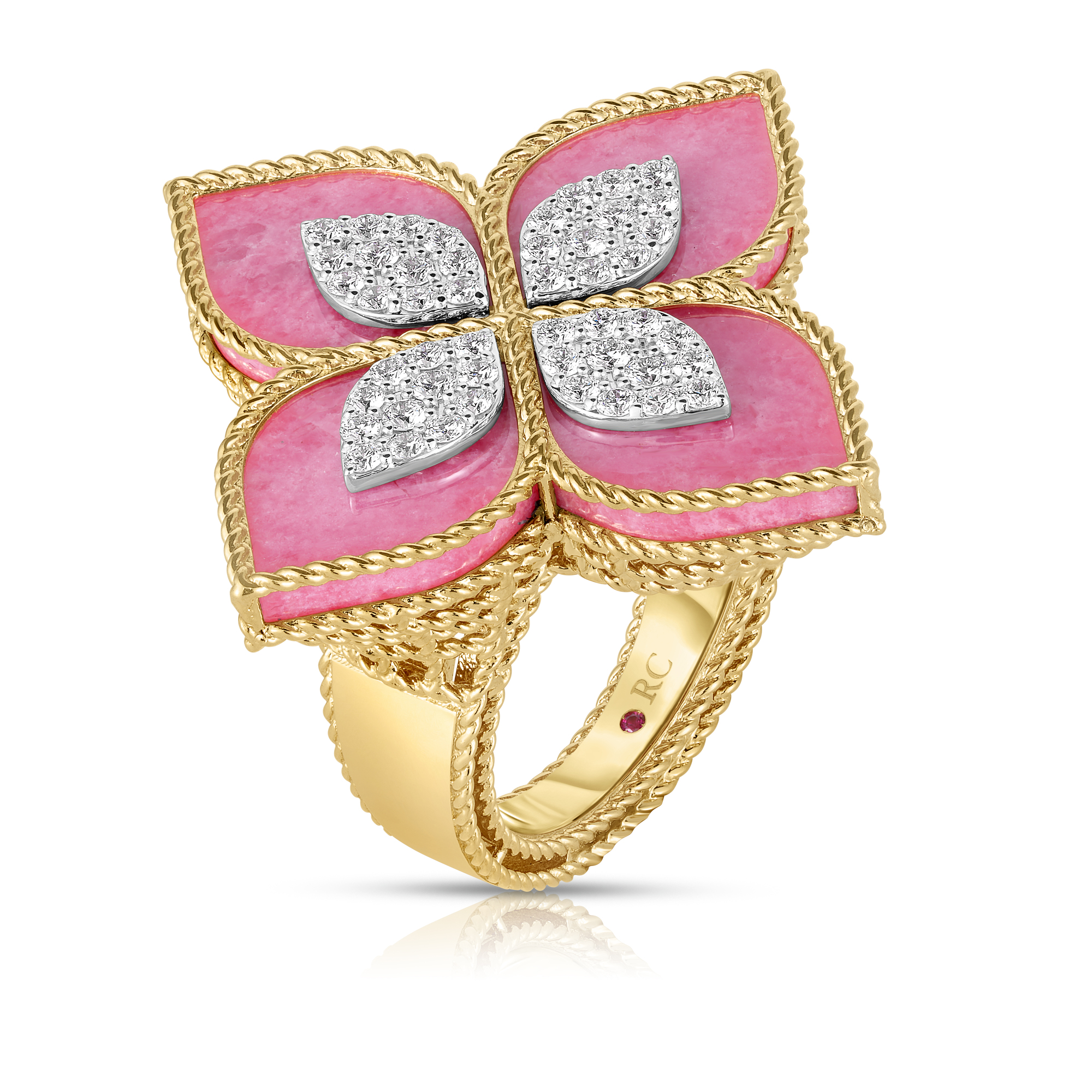 18k Yellow/white Gold Venetian Princess Diamond & Rhodonite Large Flower Ring