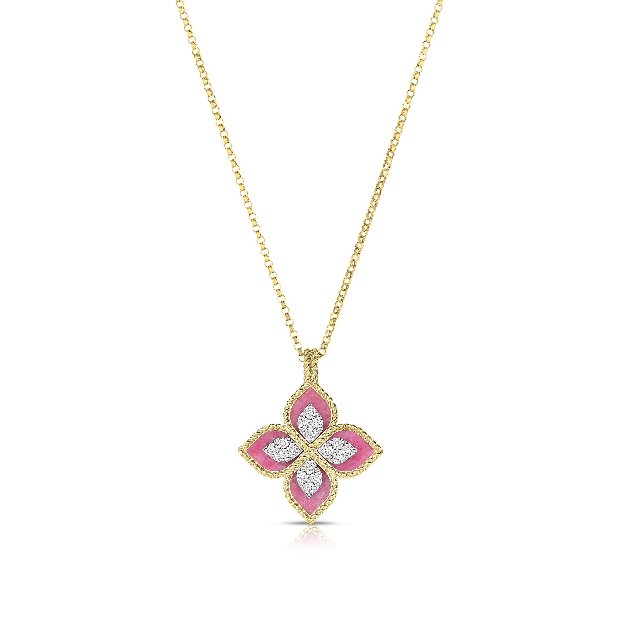 18k Yellow/white Gold Venetian Princess Diamond & Rhodonite Flower Necklace