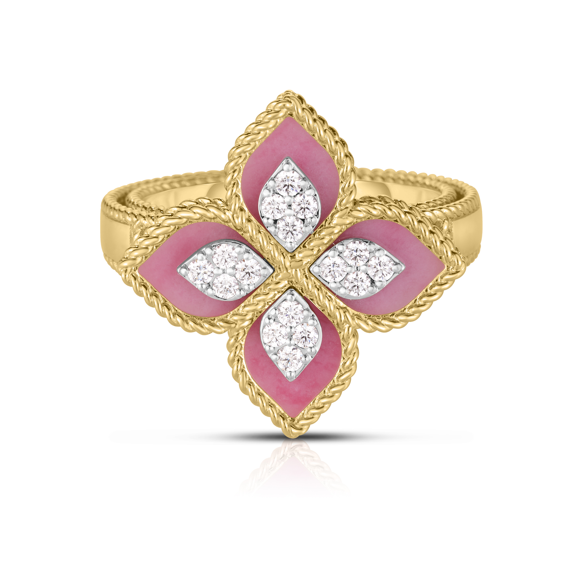 18k Yellow/white Gold Venetian Princess Diamond & Rhodonite Flower Ring
