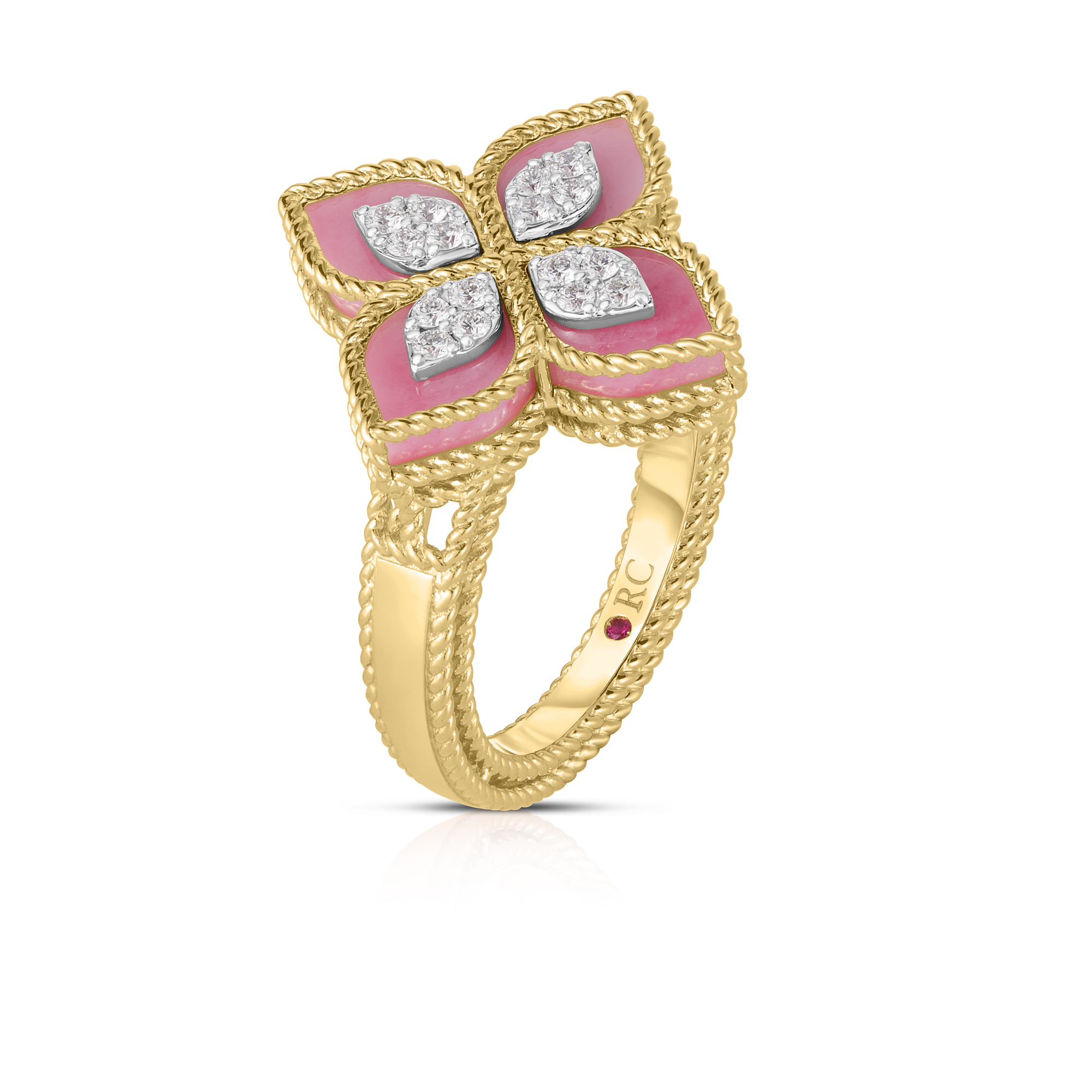 18k Yellow/white Gold Venetian Princess Diamond & Rhodonite Flower Ring