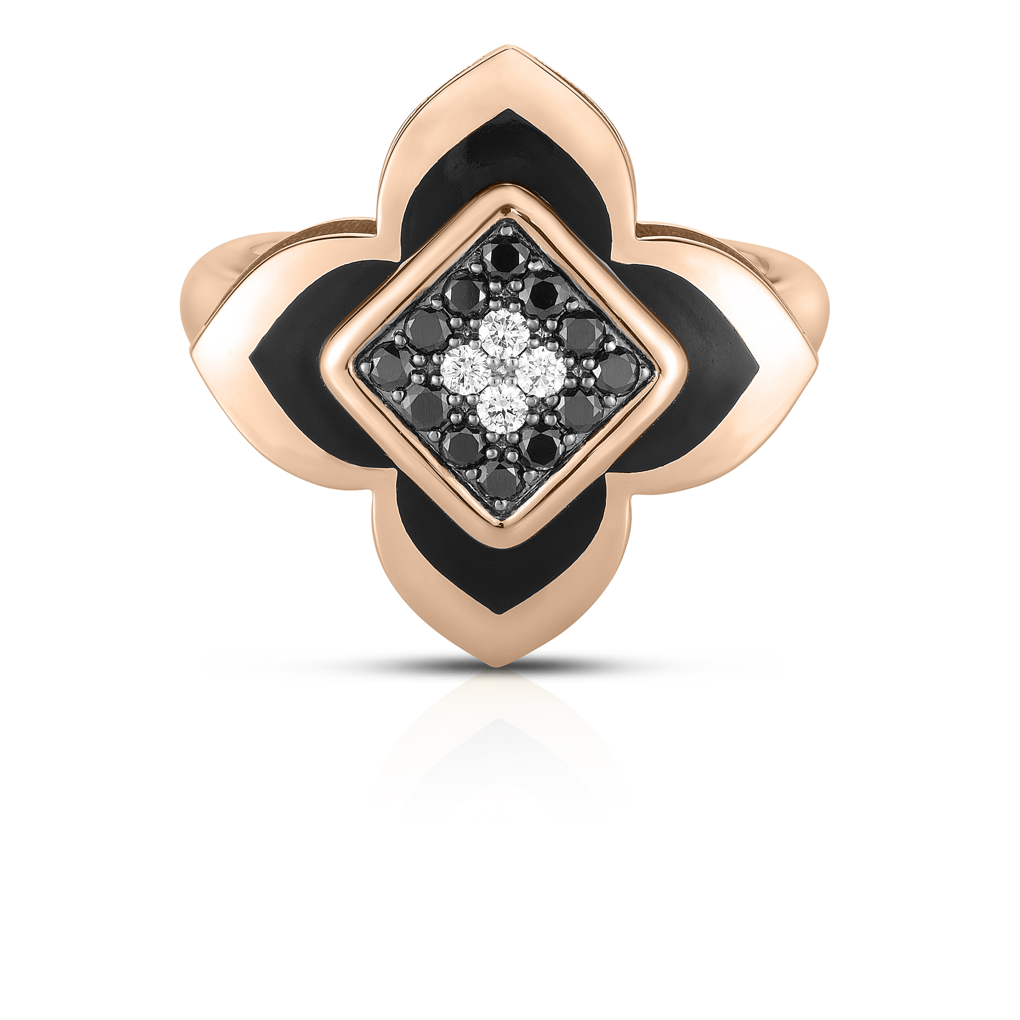18k Rose Gold Palazzo Ducale Carnival Black Diamond, Black Enamel, & White Diamond Flower Ring