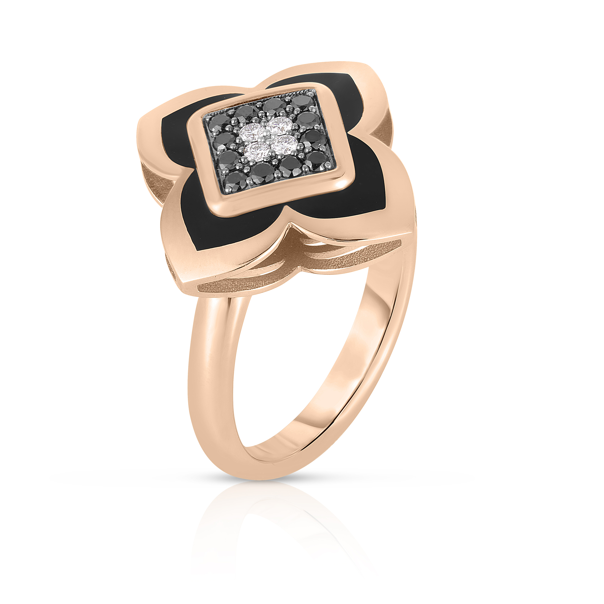 18k Rose Gold Palazzo Ducale Carnival Black Diamond, Black Enamel, & White Diamond Flower Ring