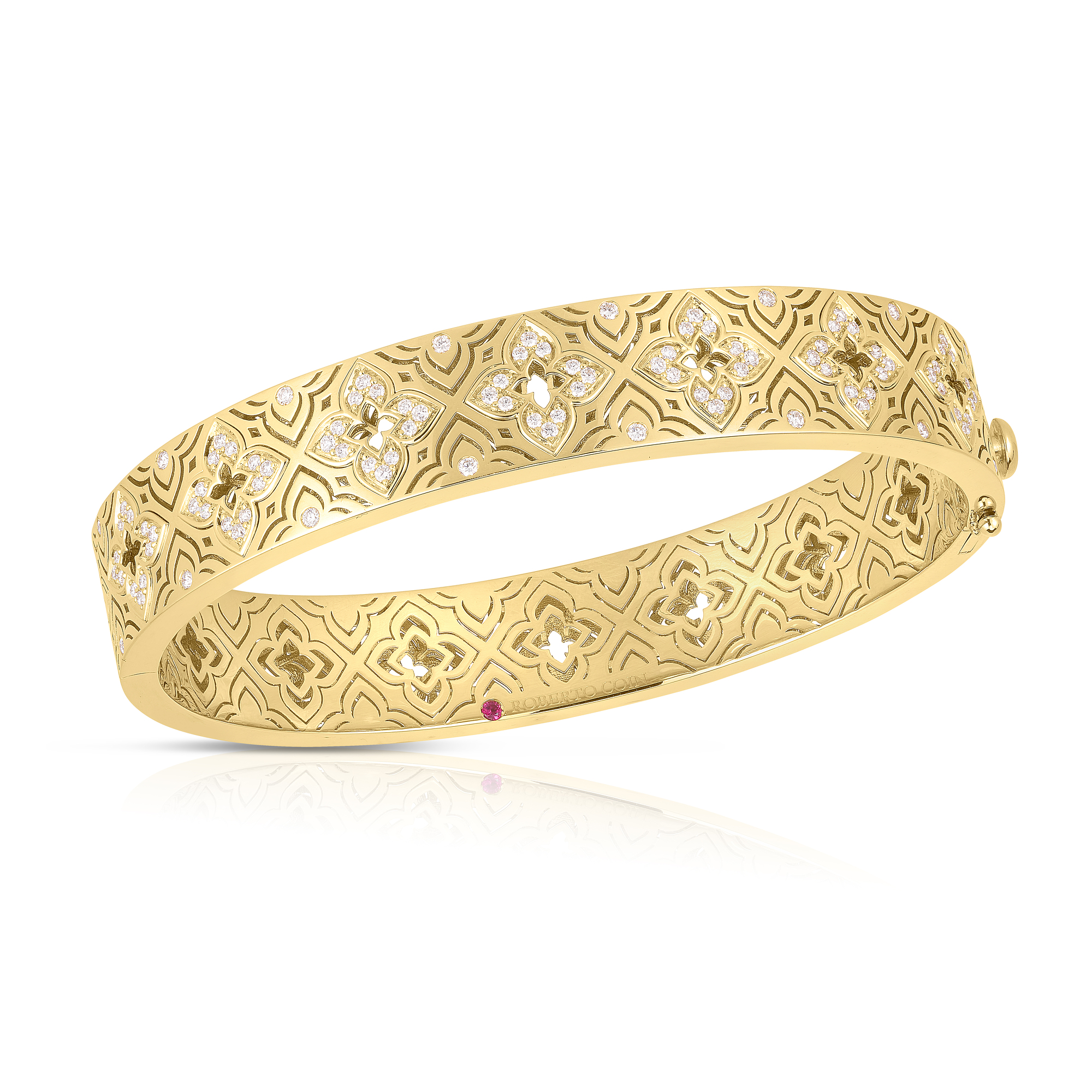 18k Yellow Gold Venetian Princess Etched Frame Diamond Flower Bangle