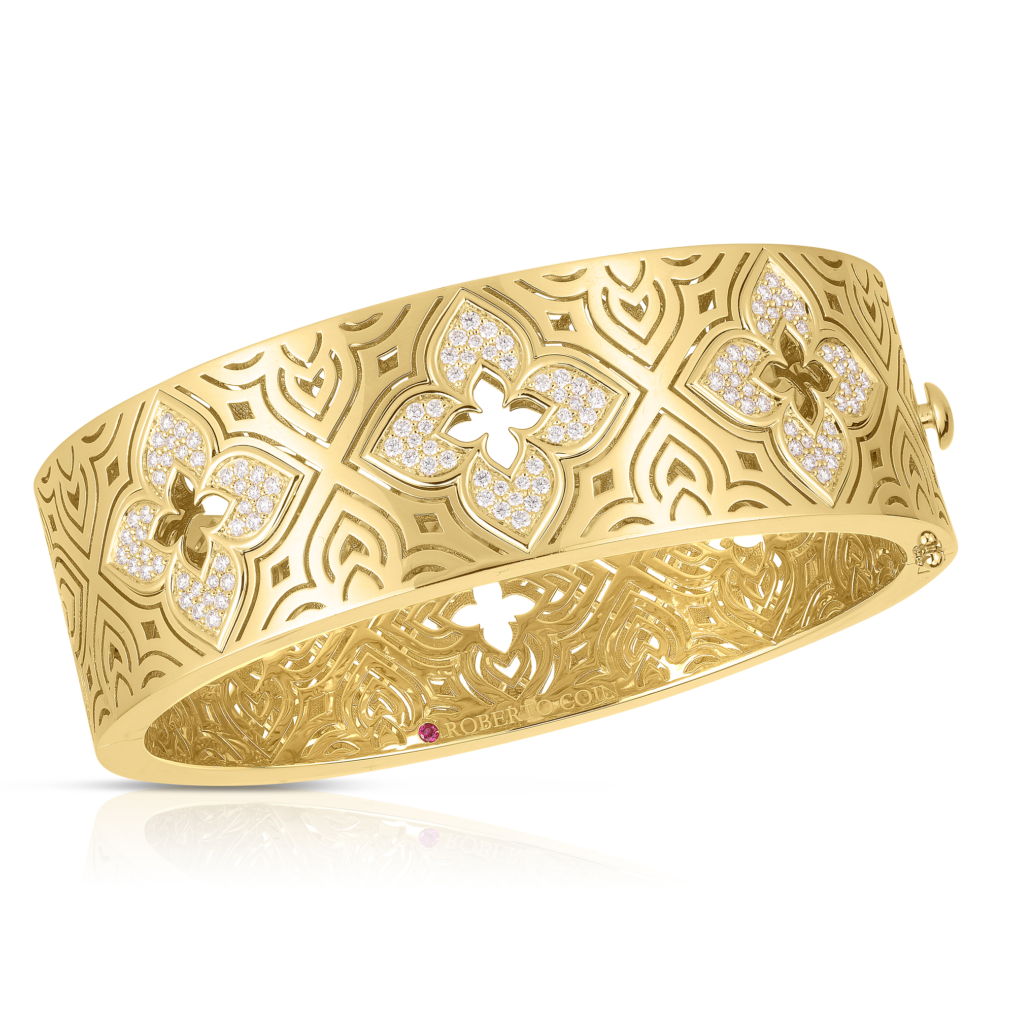 18k Yellow Gold Venetian Princess Etched Framed Diamond Flower Wide Bangle
