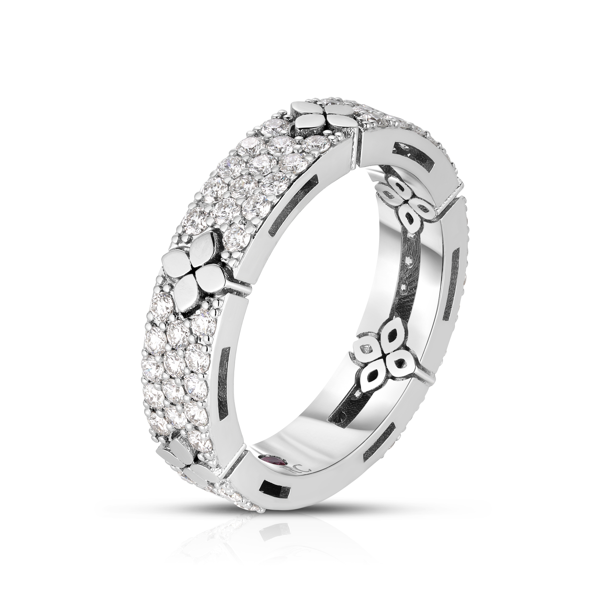 18k White Gold Love In Verona Pave Diamond & Polished Flower Narrow Ring