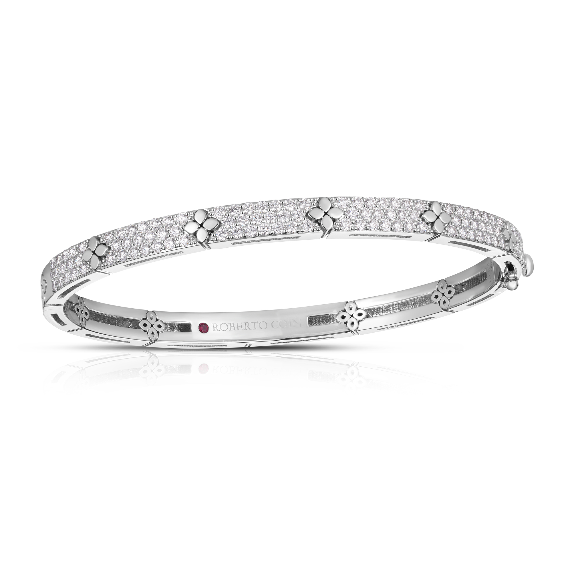 18k White Gold Love In Verona Pave Diamond & Polished Flower Narrow Bangle