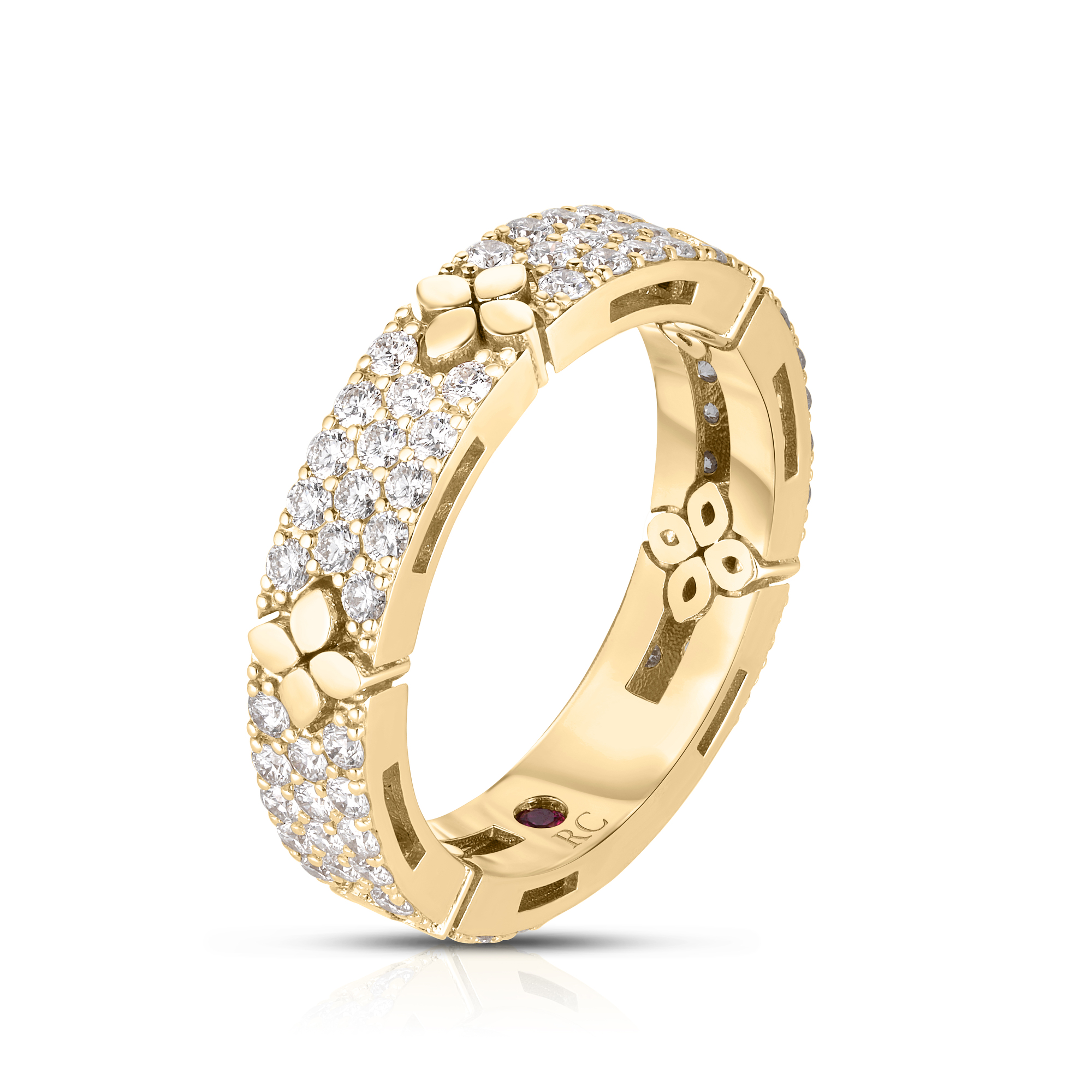 18k Yellow Gold Love In Verona Pave Diamond & Polished Flower Narrow Ring
