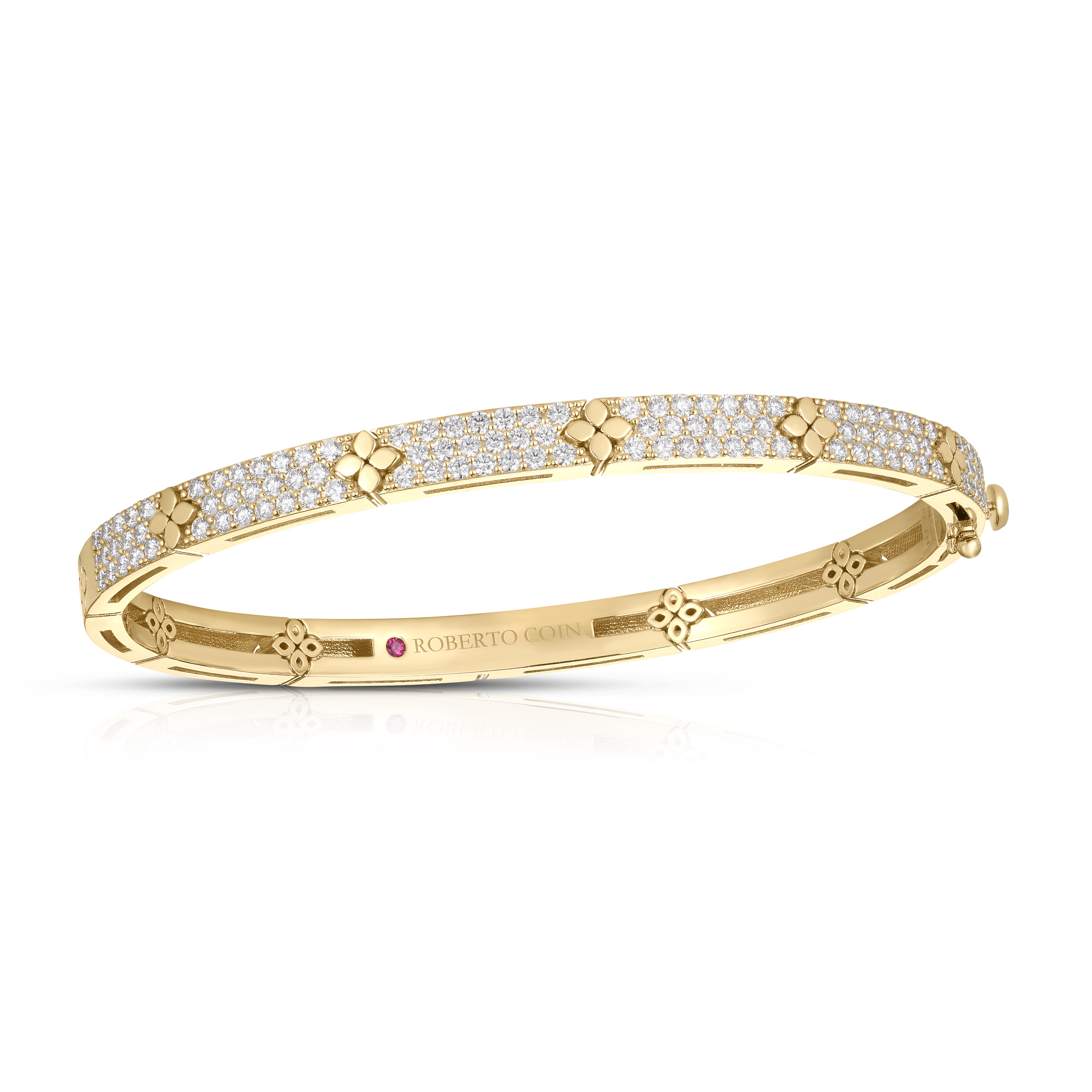 18k Yellow Gold Love In Verona Pave Diamond & Polished Flower Narrow Bangle