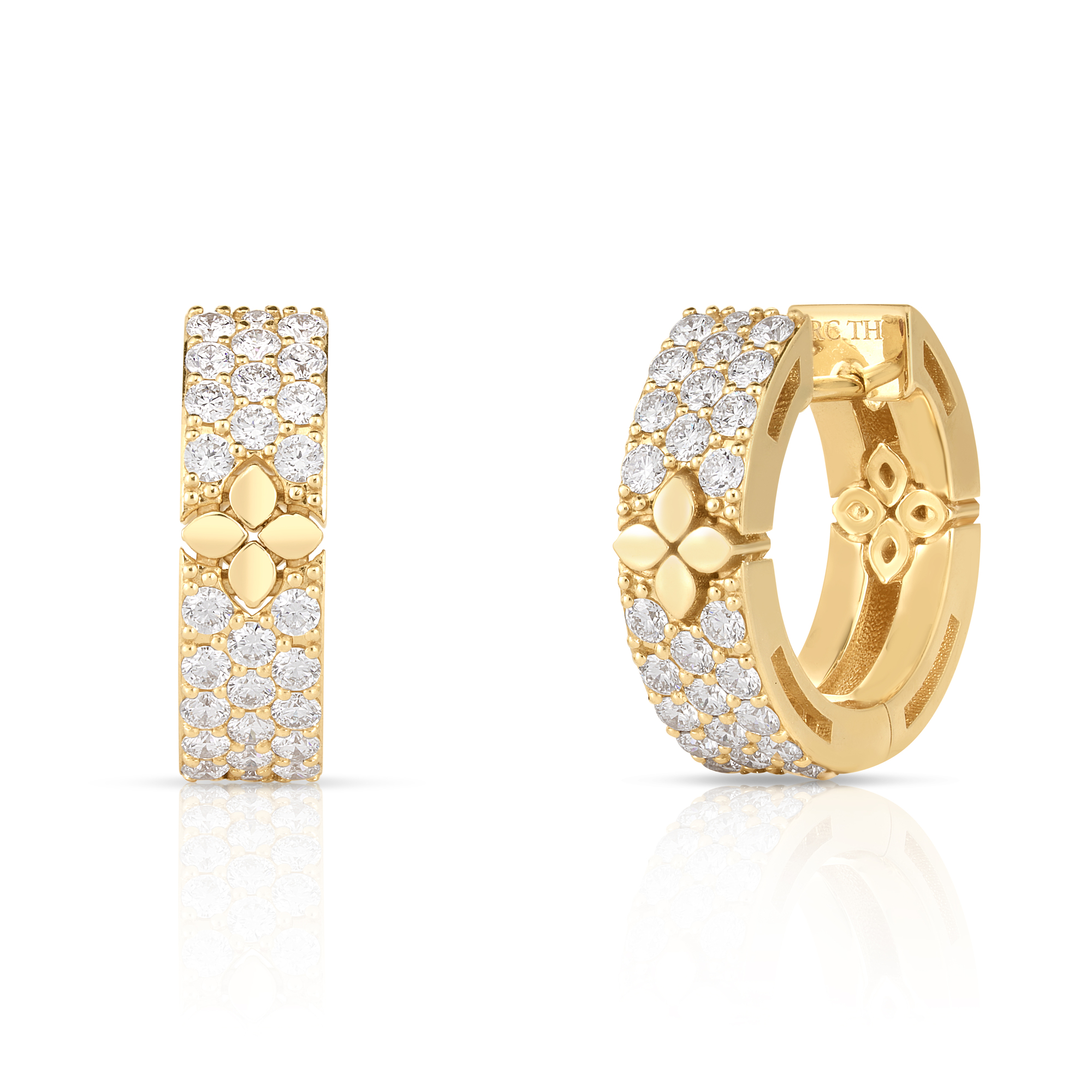18k Yellow Gold Love In Verona Pave Diamond & Polished Flower Narrow Hoop Earrings