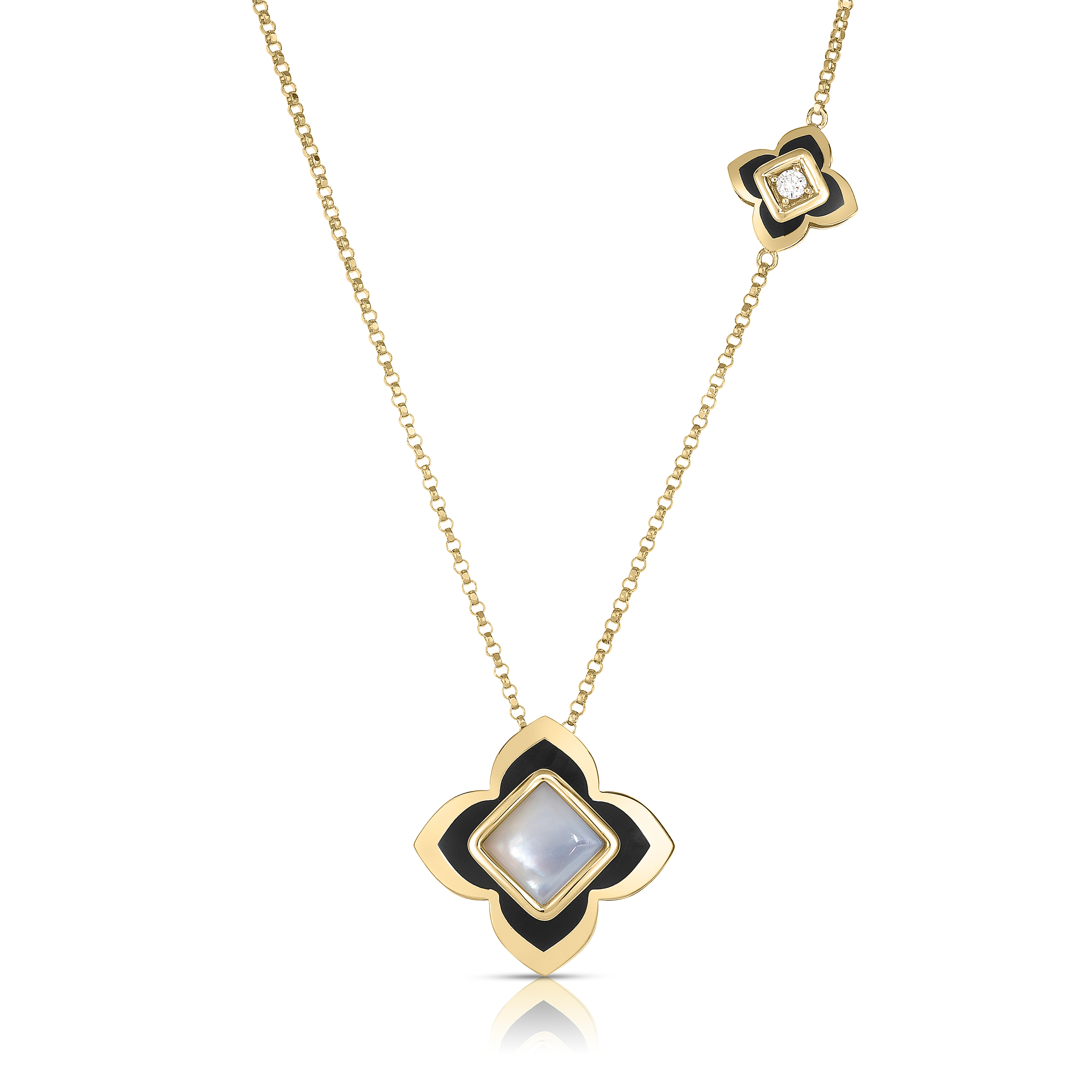 18k Yellow Gold Palazzo Ducale Carnival Black Enamel, Diamond, & Mother Of Pearl Flower Necklace