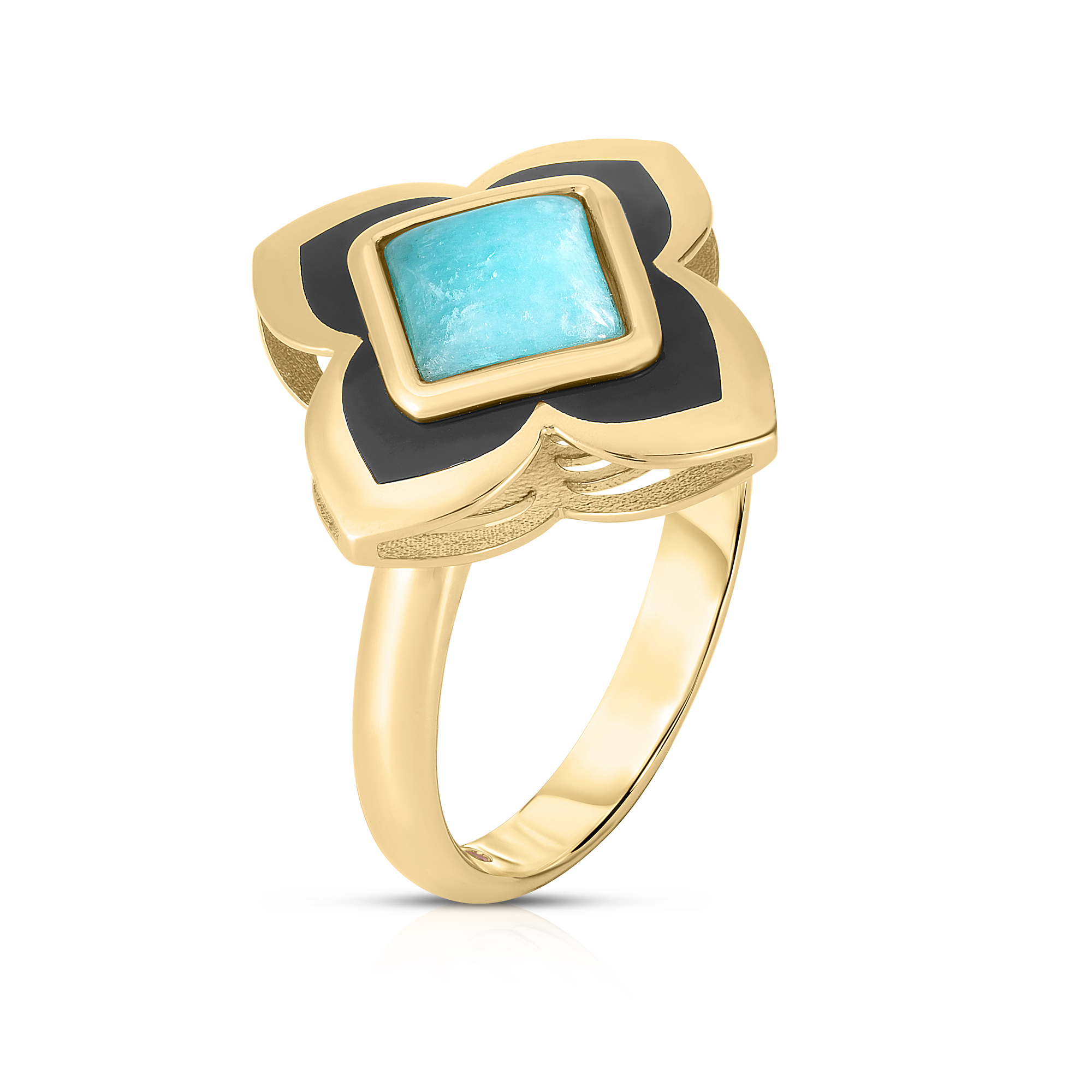 18k Yellow Gold Palazzo Ducale Carnival Amazonite & Black Enamel Flower Ring