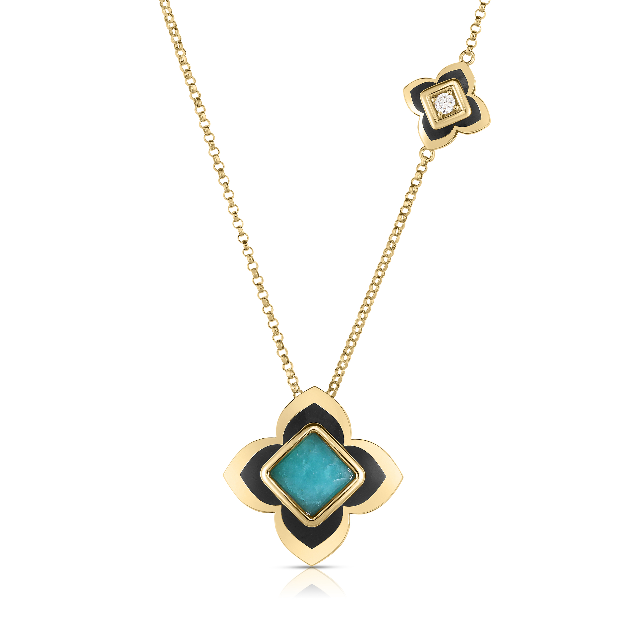 18k Yellow Gold Palazzo Ducale Carnival Amazonite, Black Enamel, & Diamond Flower Necklace
