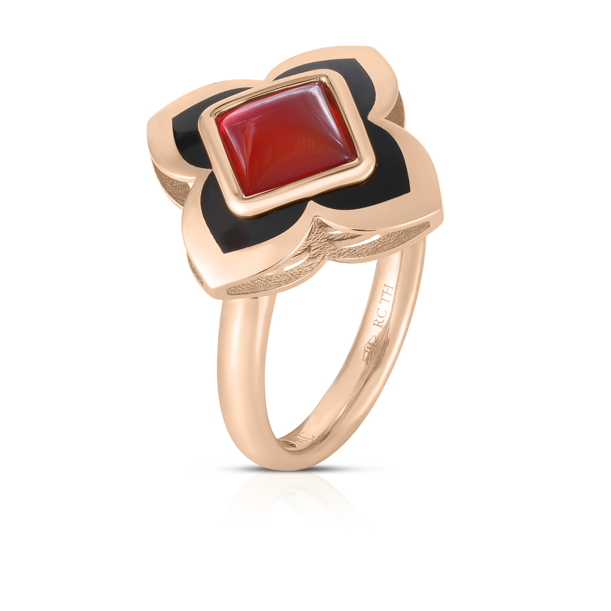 18k Rose Gold Palazzo Ducale Carnival Black Enamel, & Red Agate Flower Ring