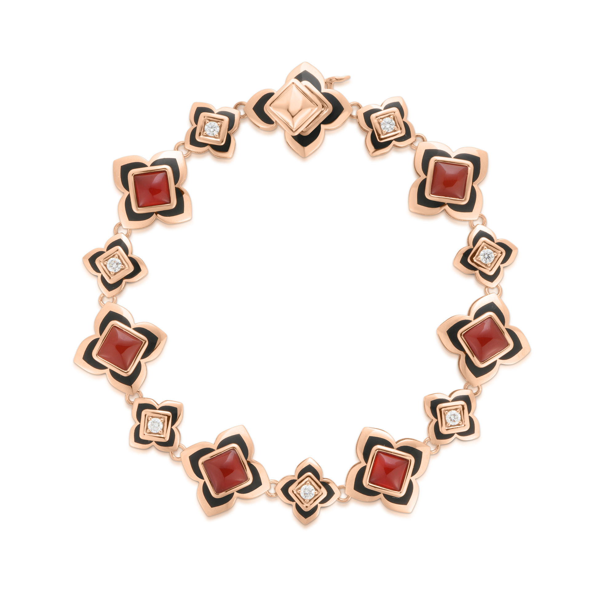 18k Rose Gold Palazzo Ducale Carnival Black Enamel, Diamond, & Red Agate Flower Bracelet