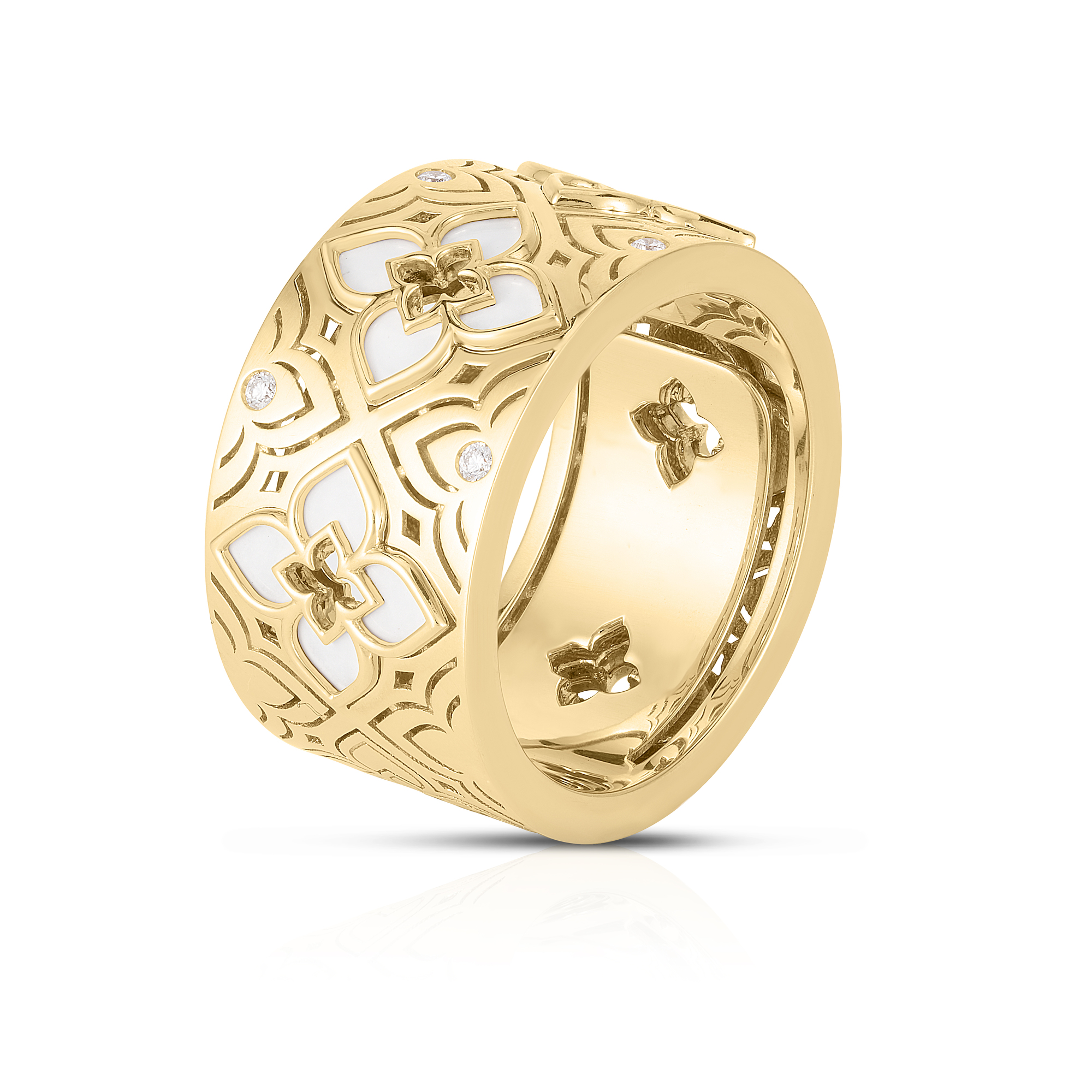18k Yellow Gold Venetian Princess Etched Frame Diamond & White Enamel Flower Ring