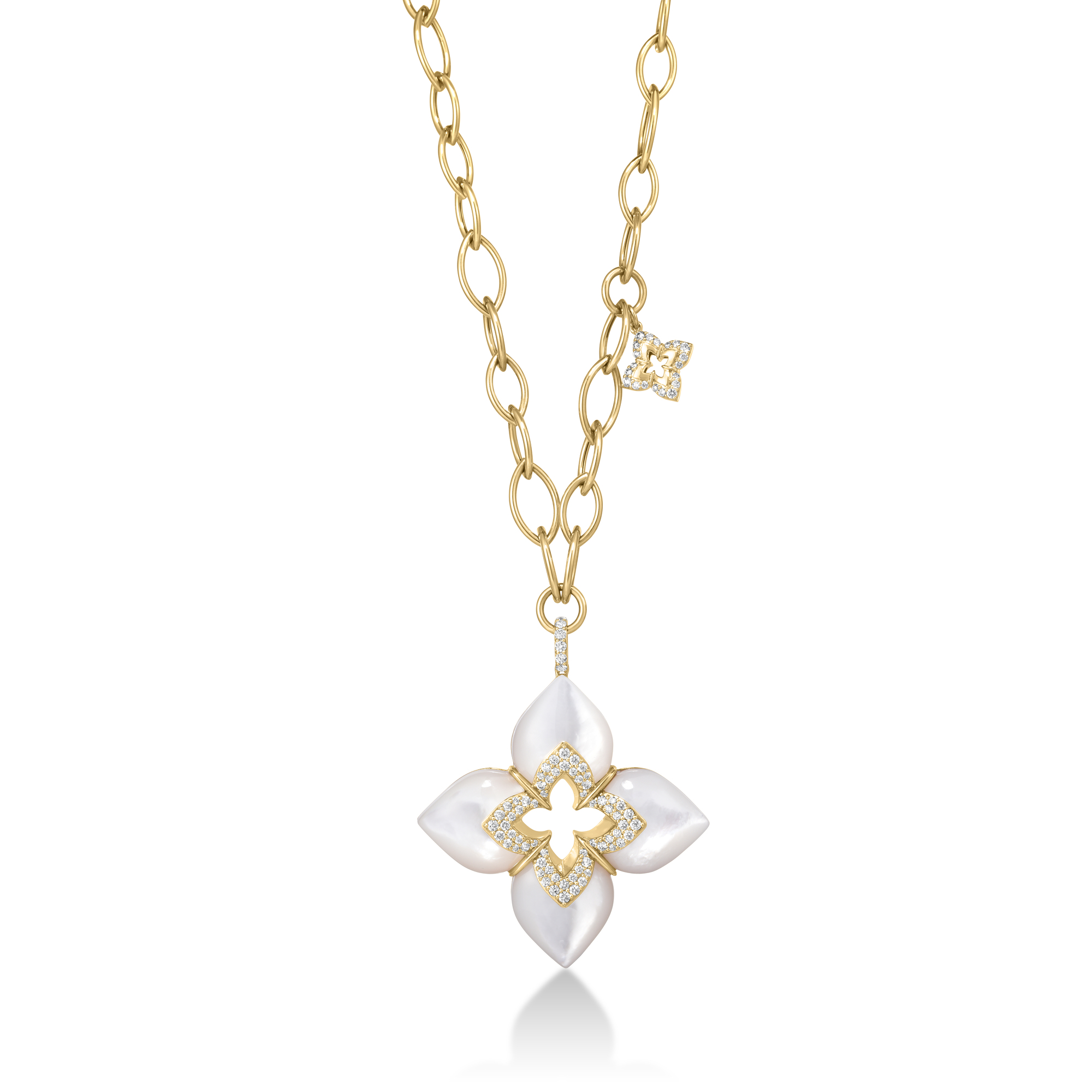 18k Yellow Gold Venetian Princess Cabochon Diamond & Mother Of Pearl Flower Long Necklace
